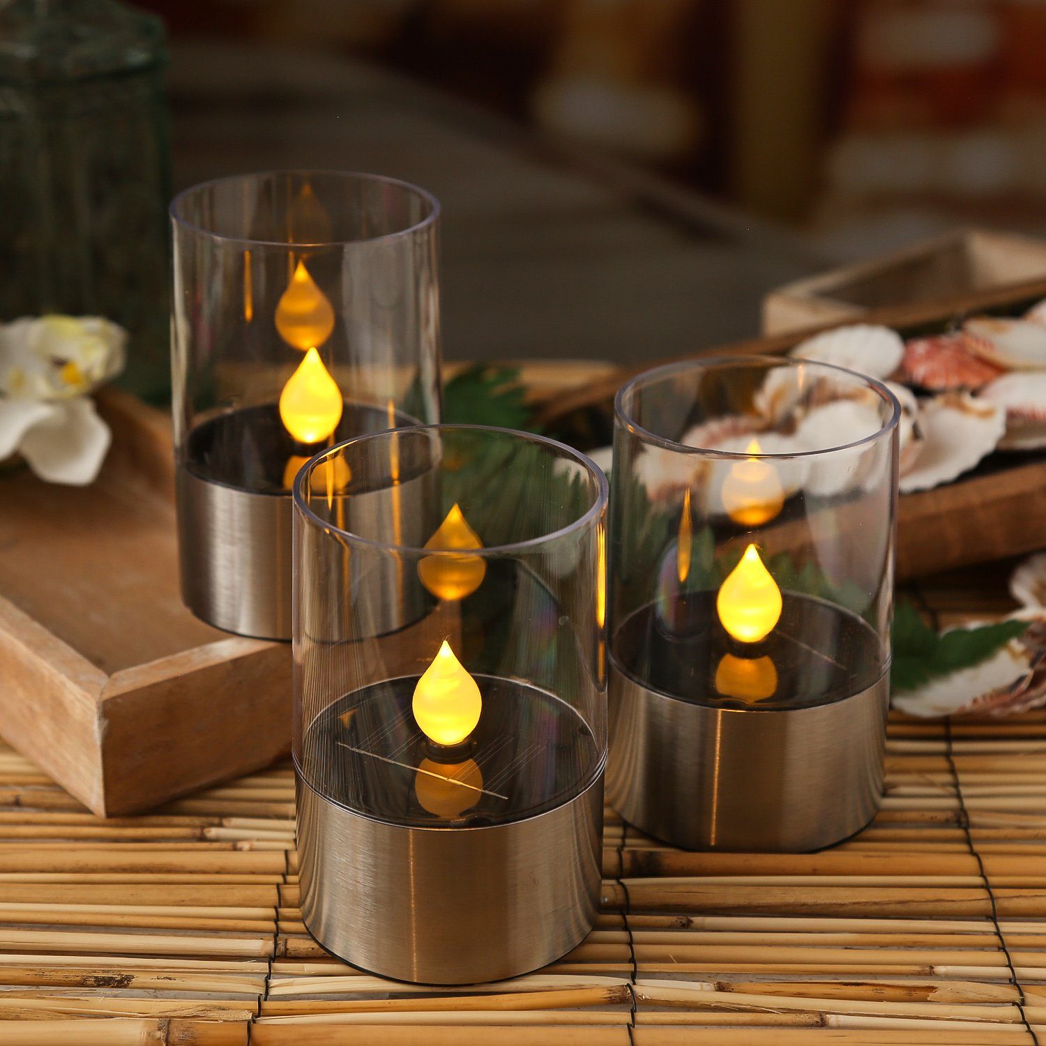MARELIDA LED Solar LED 3St., Kerzen flackernd LED Windlicht Solarleuchte Windlichter Classic, Tischleuchte amber