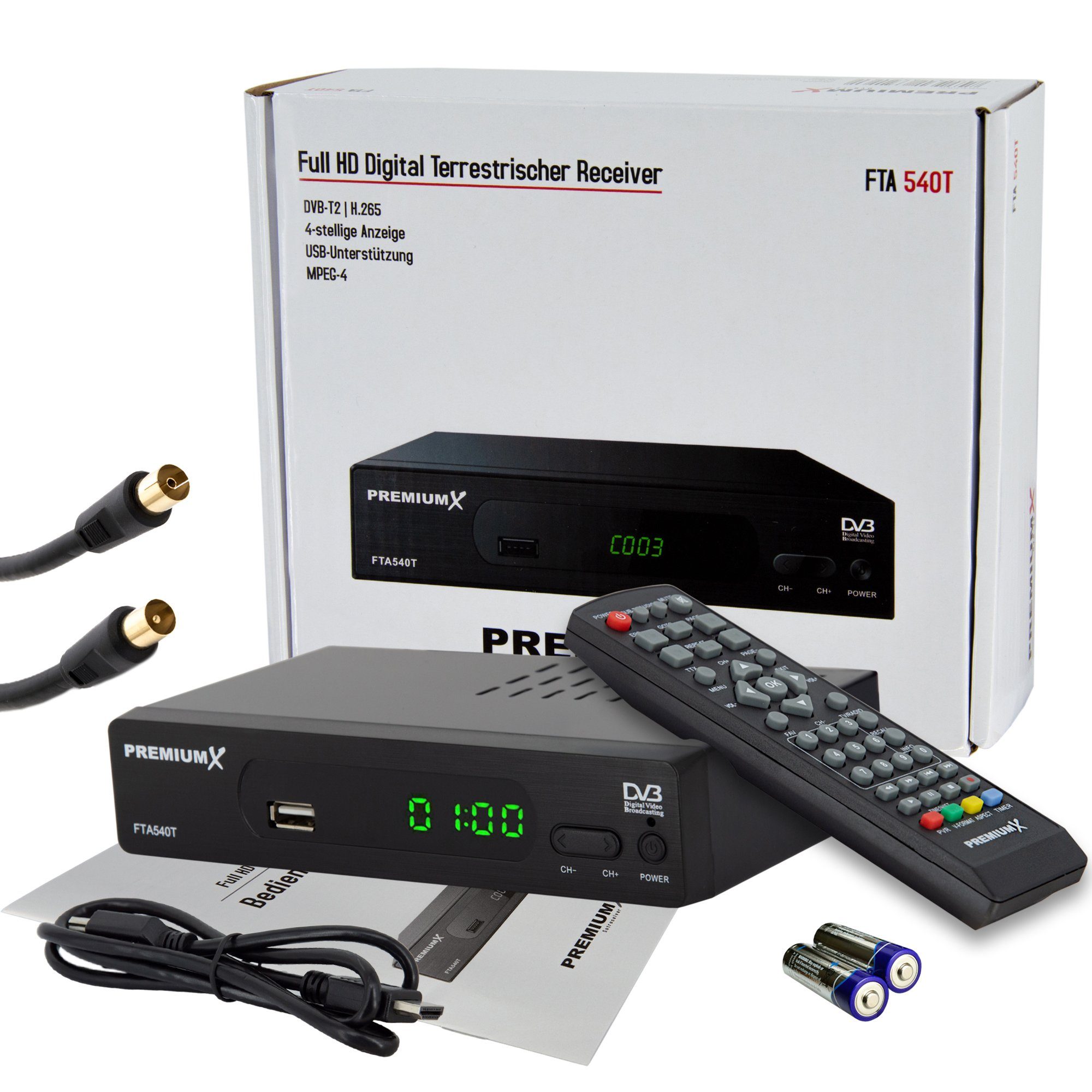 Receiver SCART Digital USB HD 540T Receiver FTA Antennenkabel Full DVB-T2 PremiumX DVB-T2 HD HDMI