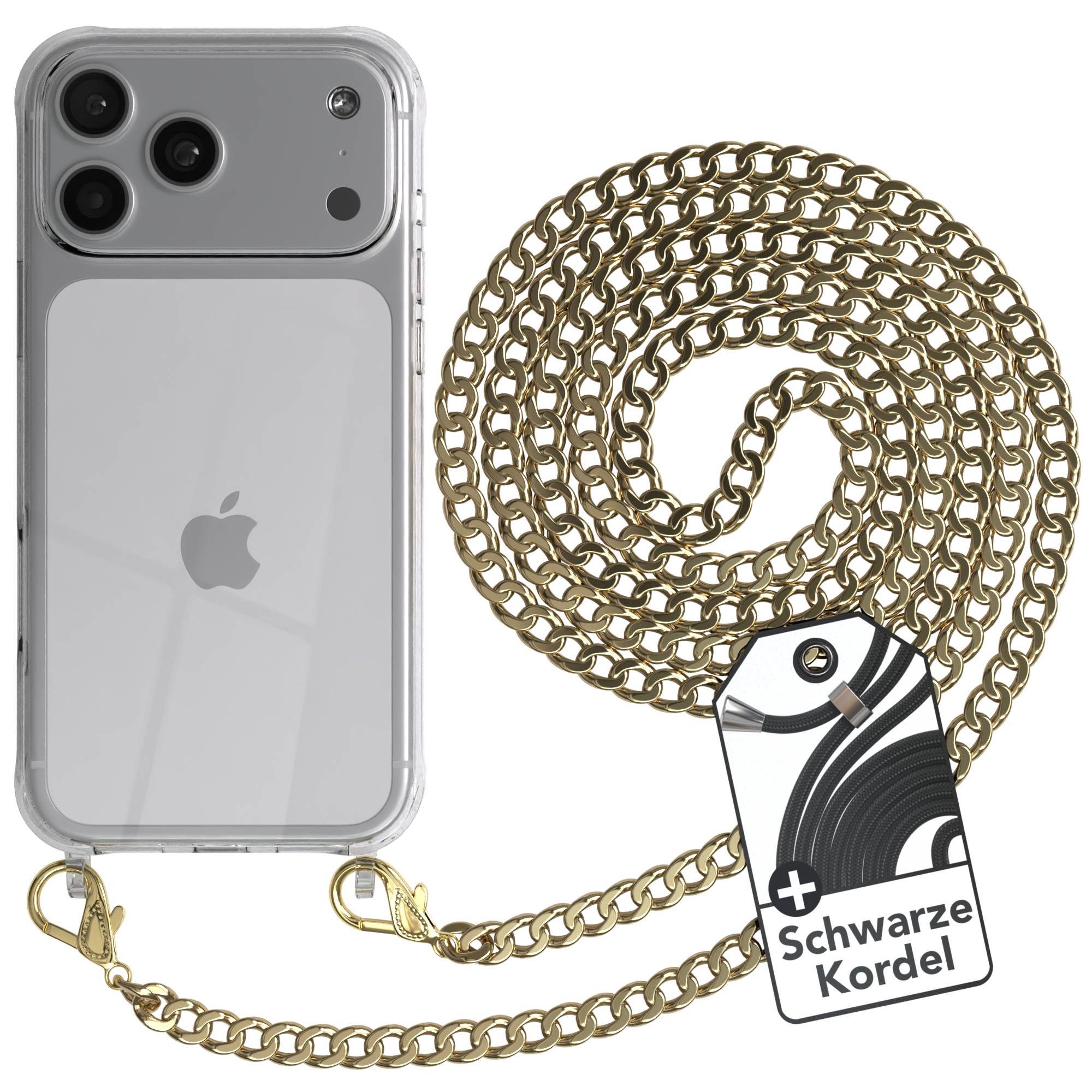 EAZY CASE Handykette 2in1 Metallkette für Apple iPhone 17 Pro Max 6,9 Zoll, Hülle mit Band Silikonhülle durchsichtig Necklace Cover Slimcover Gold