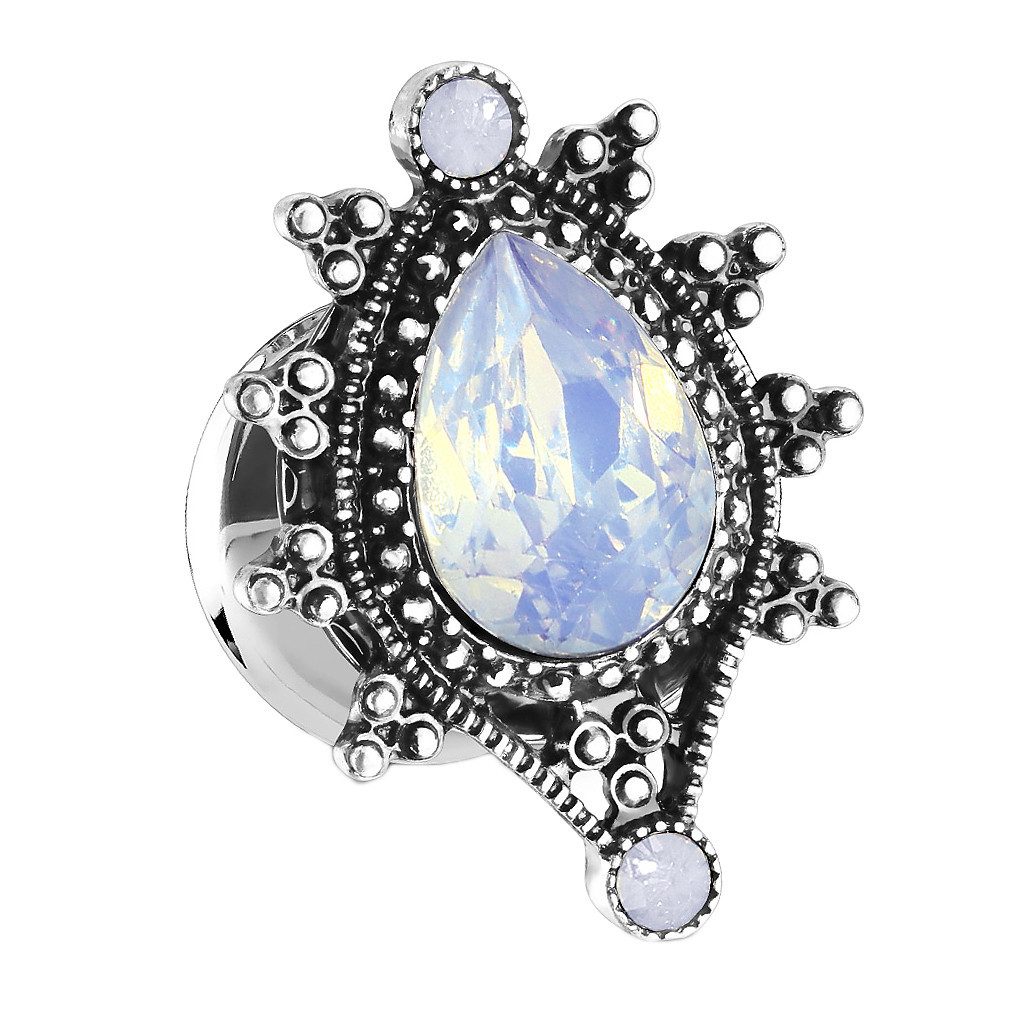 Taffstyle Plug Ohr Tunnel Plug Antik Silbern Tribal Ornament Opal Träne Oval 6mm, Ohrpiercing Ohr Ear Flesh Tunnel Plug Piercing