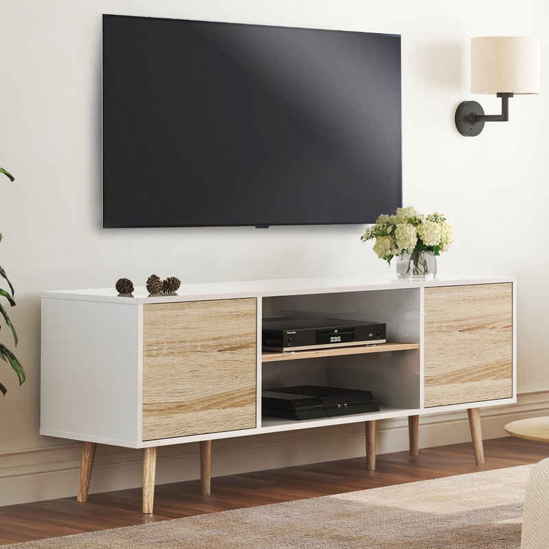 WAMPAT TV-Schrank (Skandinavisch Design TV Lowboard Weiß und Eiche) mit Türen und Verstellbare Regal