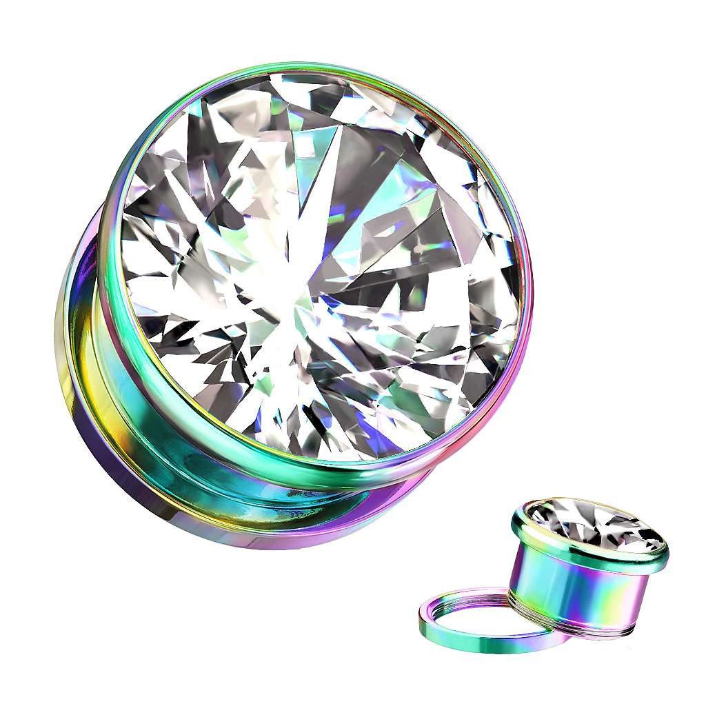 Taffstyle Plug Ohr Tunnel mit großen eingefassten klarem Zirkonia Kristall (Eleganter Ohr Plug Tunnel mit funkelndem Zirkonia Stein in mehreren Farben)