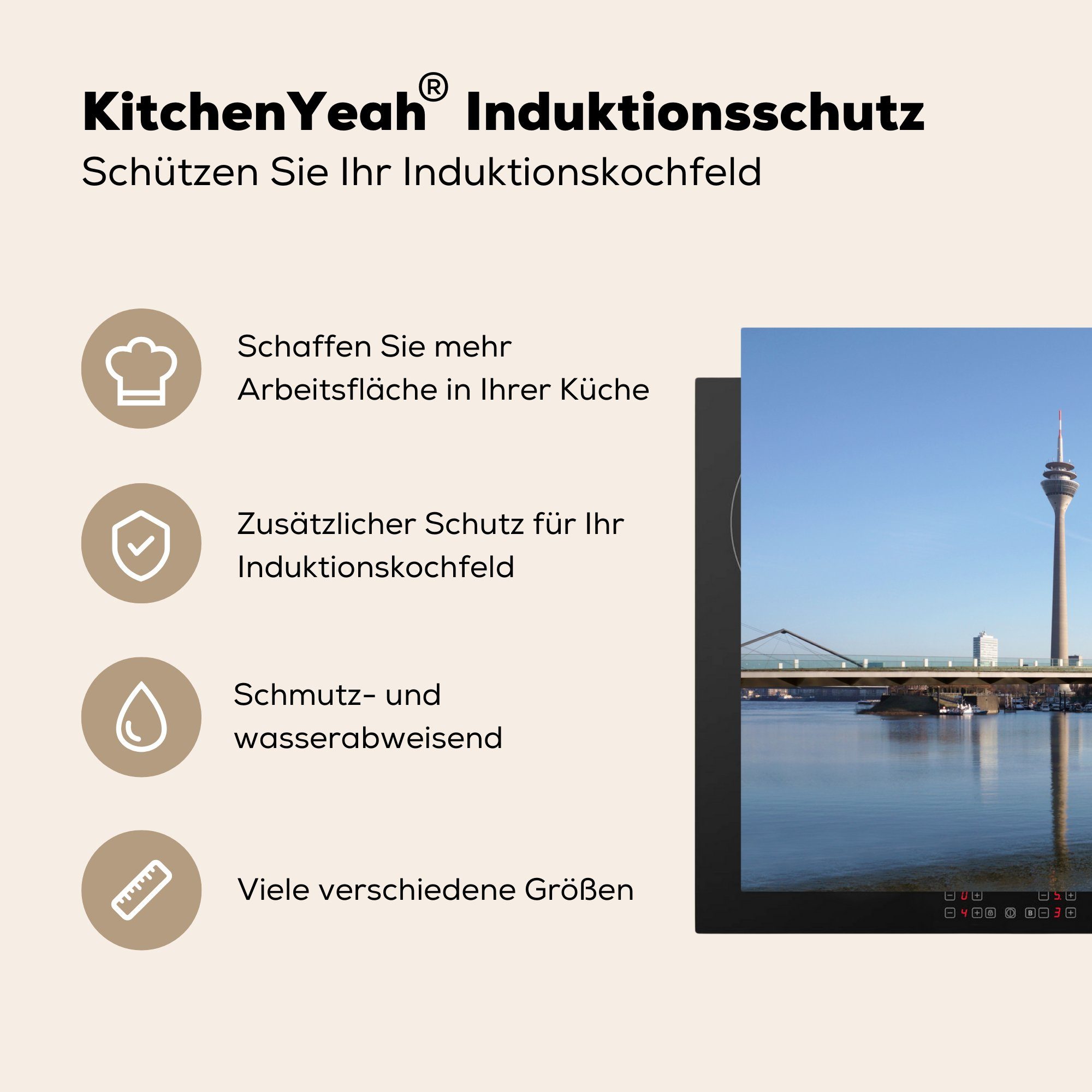 MuchoWow Herdblende-/Abdeckplatte in Rheinturm für tlg), dem Düsseldorf mit MedienHafen in 83x51 cm, Vinyl, Arbeitsplatte (1 Ceranfeldabdeckung, küche Deutschland