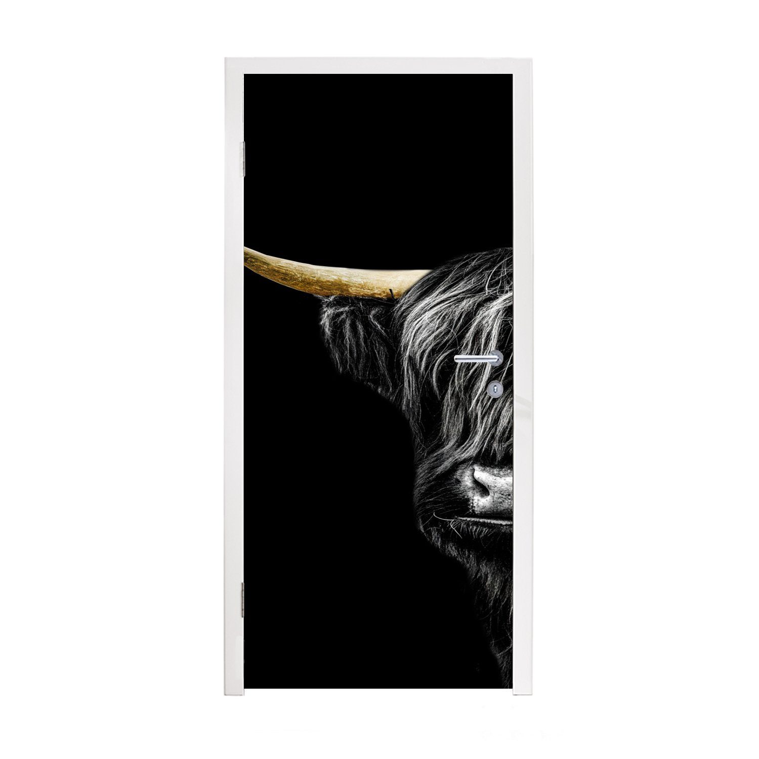 MuchoWow Türtapete Schottischer Highlander - Kuh - Schwarz & Gold, Matt, bedruckt, (1 St), Fototapete für Tür, Türaufkleber, 75x205 cm
