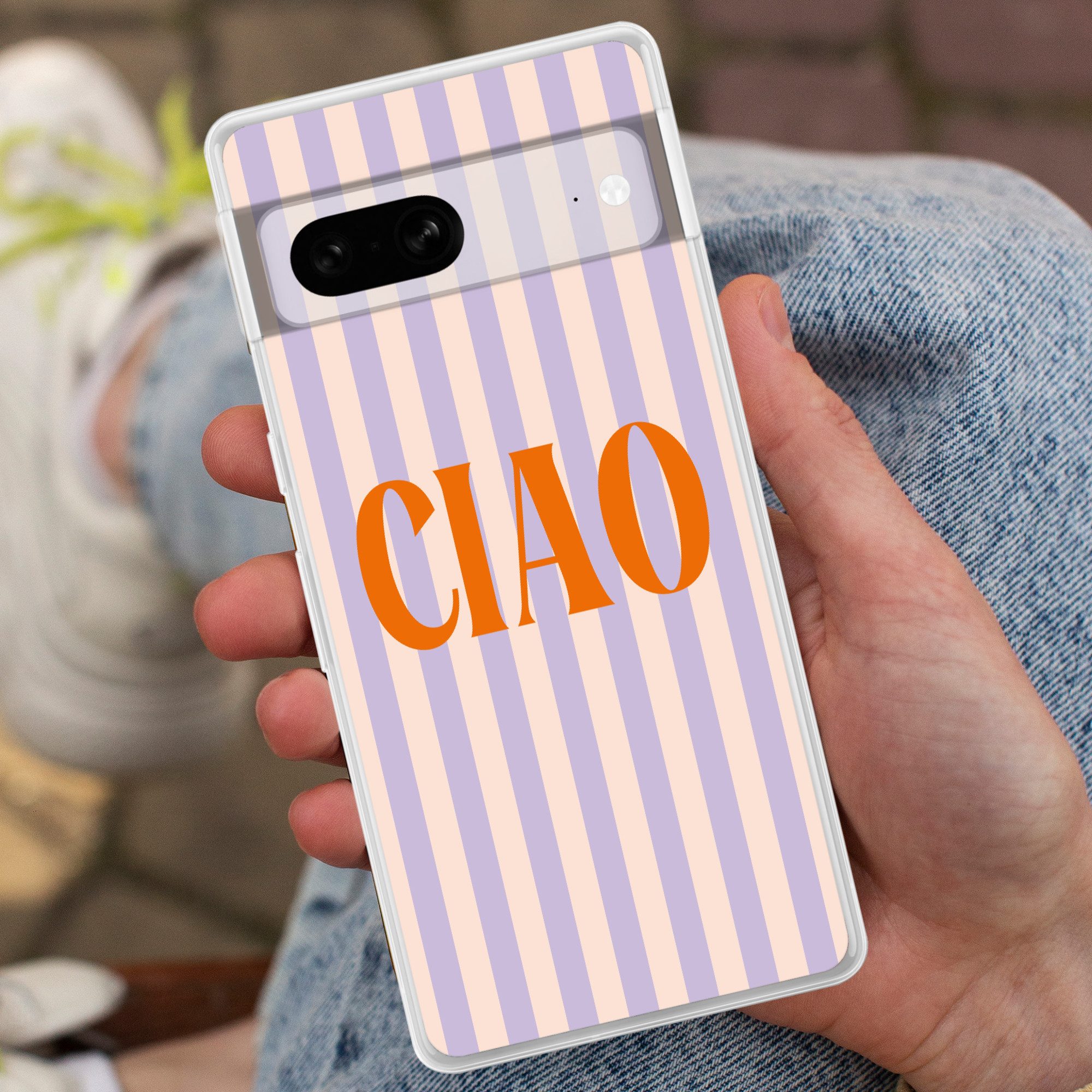 MuchoWow Handyhülle für Google Pixel 7 Ciao - Zitat - Pastell - Streifen, Phone Case, Silikon, Schutzhülle Dünn