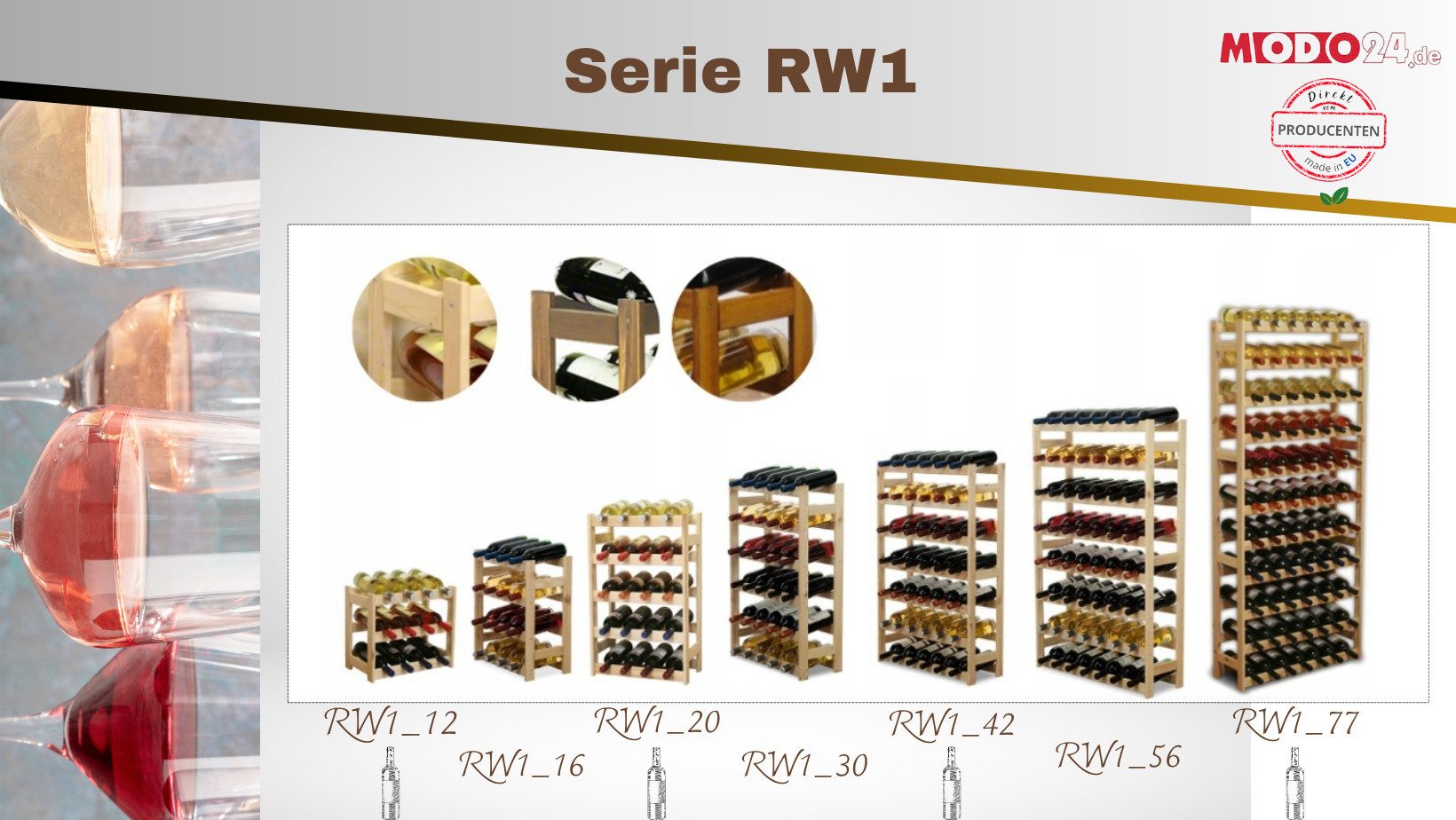 Modo24 Weinregal Flaschenregal Holzregal Flaschenständer Varianten 12 bis 91 Flaschen, RW1 Getränkeregal, 3 Farben, FSC Holz Nachhaltig