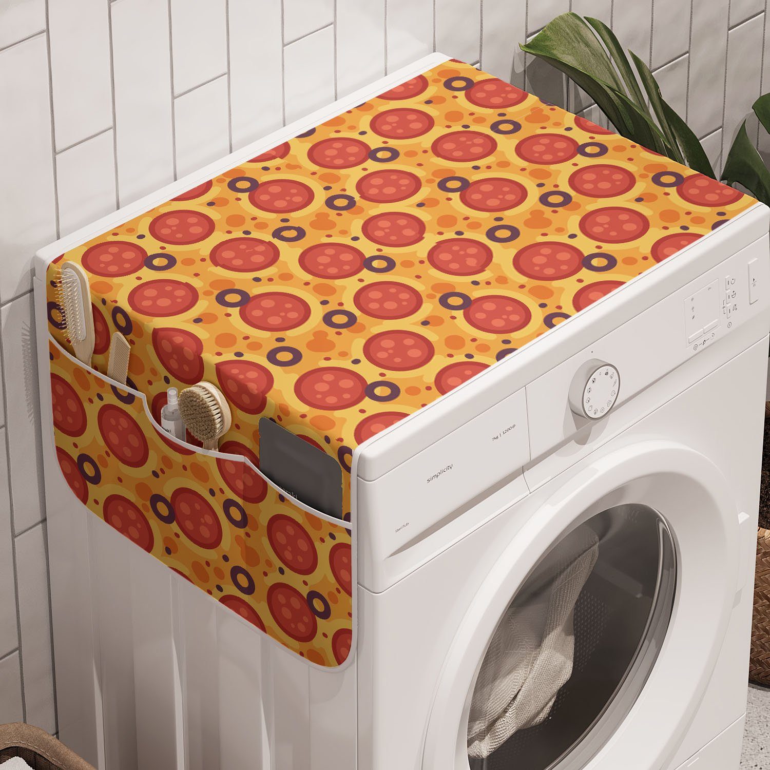 Abakuhaus Badorganizer Anti-Rutsch-Stoffabdeckung für Waschmaschine und Trockner, Retro Trippy Geometric Blick Pizza