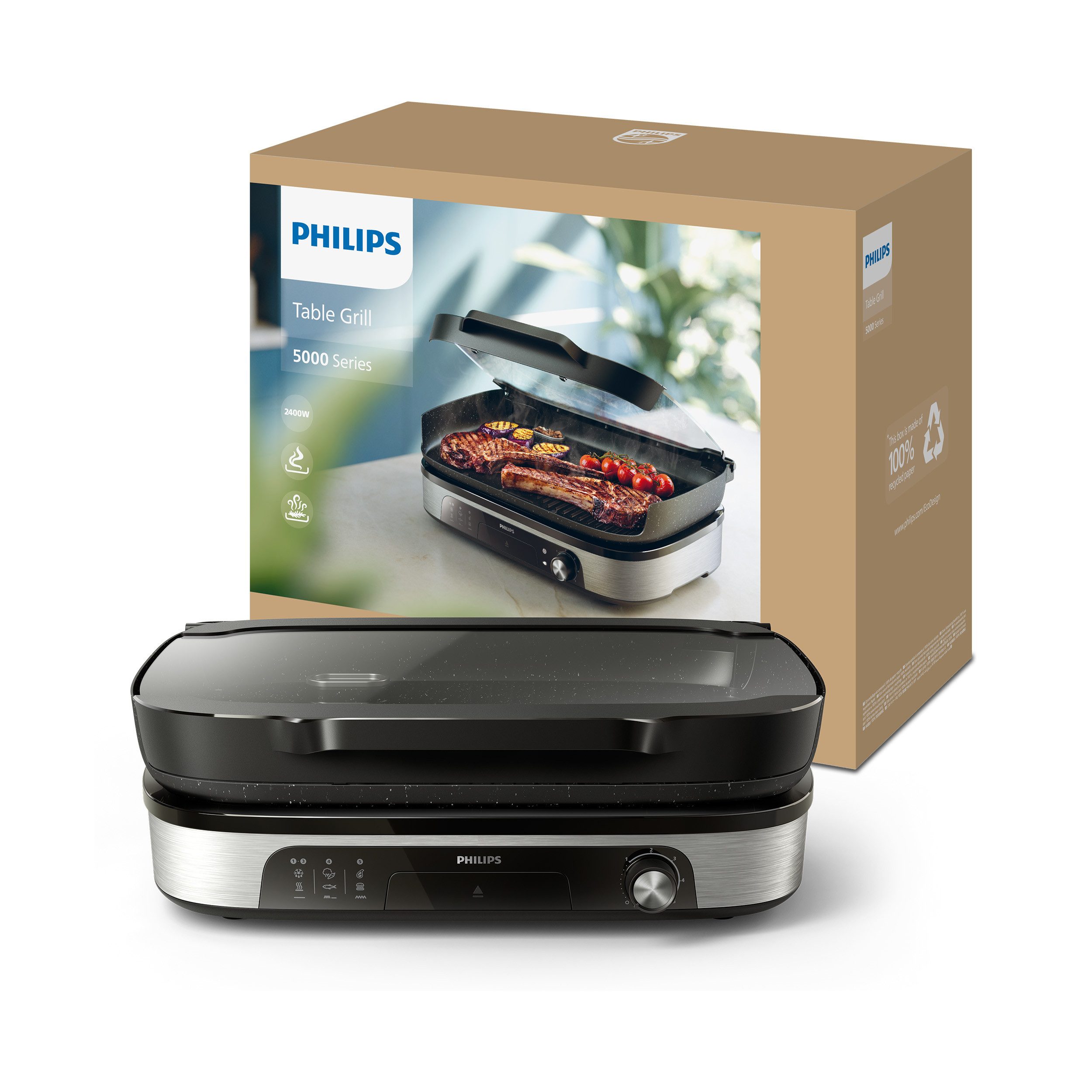 Philips Tischgrill HD6212/90 5000 Series, Smoker und Aromainfusor, 2400 W, mit einstellbarer Temperatur u. Grillfläche von 1250 cm²