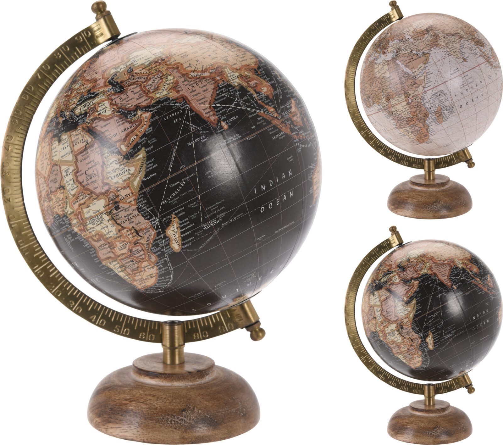 Koopman Globus Tischglobus Ø 15 Weltkarte Holzfuß Metallring Schwarz / Weiß, (1-tlg), Dekorativ, Erdball, 1:68.000.000 Maßstab, Dekoglobus, Antik