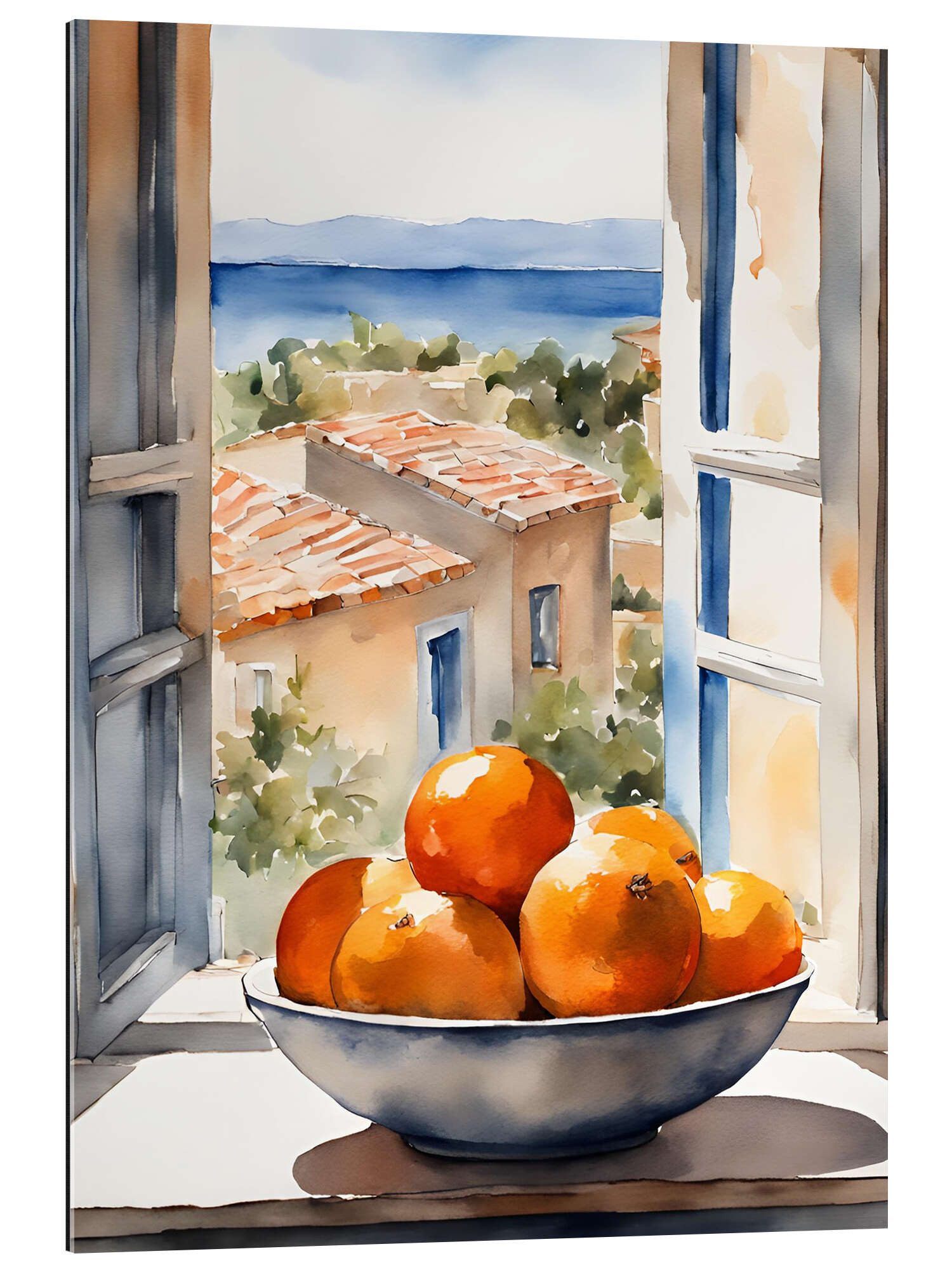 Posterlounge XXL-Wandbild Ohkimiko, Orangen in Schale mit mediterraner Aussicht, Mediterran Malerei
