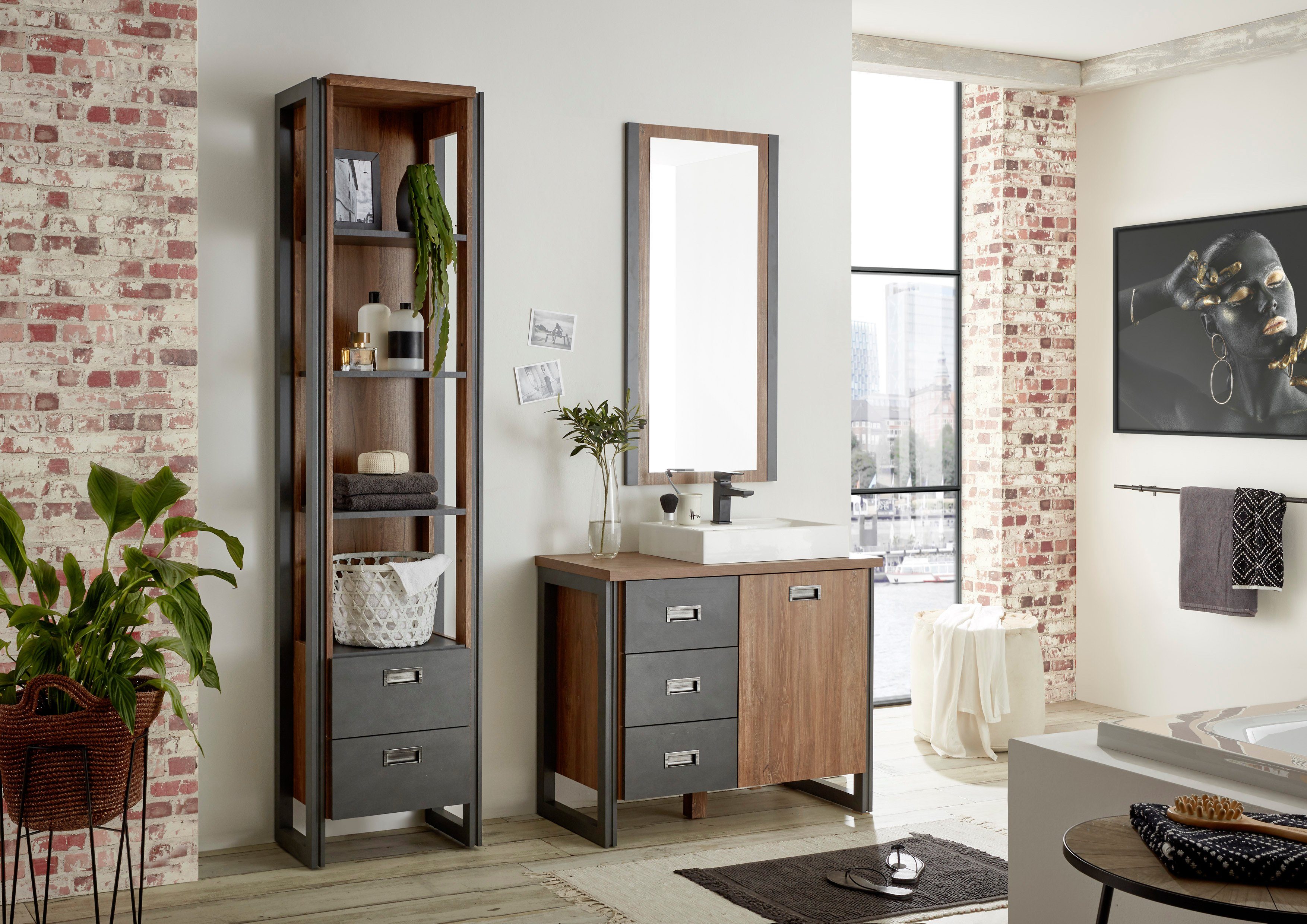 Home affaire Badmöbel-Set Detroit, Bad im Industrialdesign, 3-teiliges Badezimmer, (Set, 3-St), Waschtisch, Regal & Spiegel, inkl. Aufsatzwaschbecken aus Mineralguss