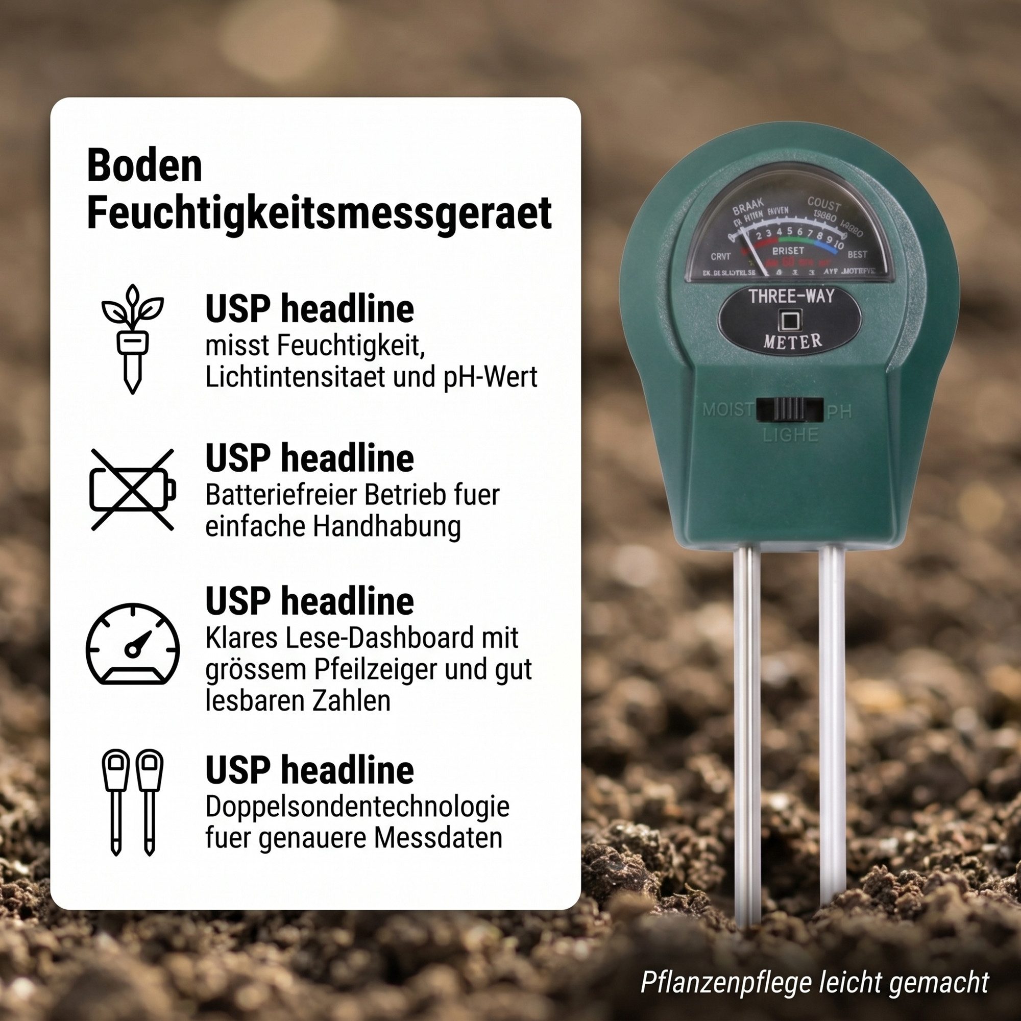 Mucola Feuchtigkeitsmesser Bodenmessgerät 3 in 1 für Pflanzen PH Wert Bodentester Licht Messgerät, (Stück, 1x Feuchtigkeitsmessgerät), Batteriefreier Betrieb