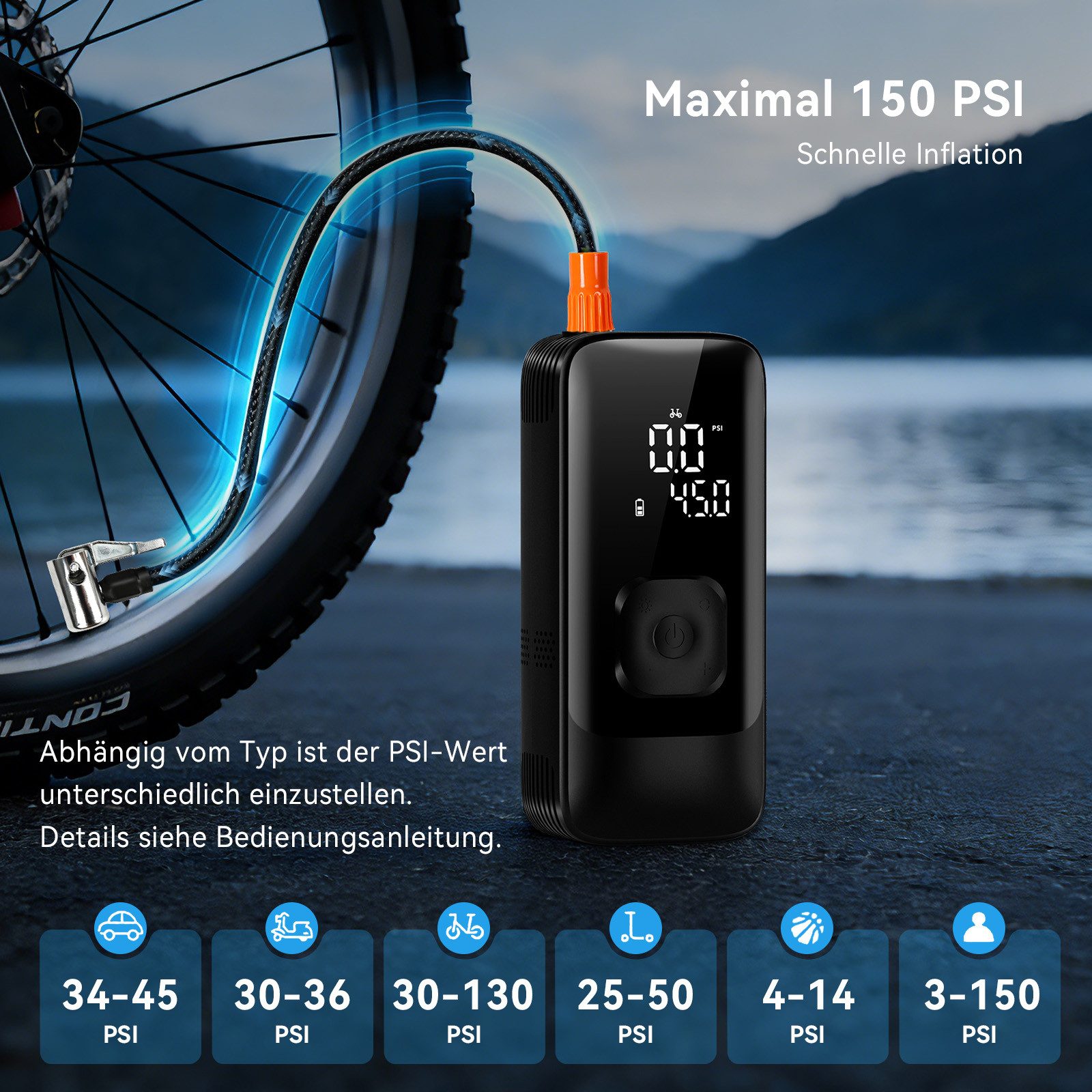 skelo Akku-Luftpumpe Elektrische Luftpumpe, elektrische Fahrradpumpe, 150 PSI, 4500 mAh (6-tlg., für Auto, Fahrrad, E-Bike, Motorrad und Bälle), Akku-Kompressor – Bild 5 von 5