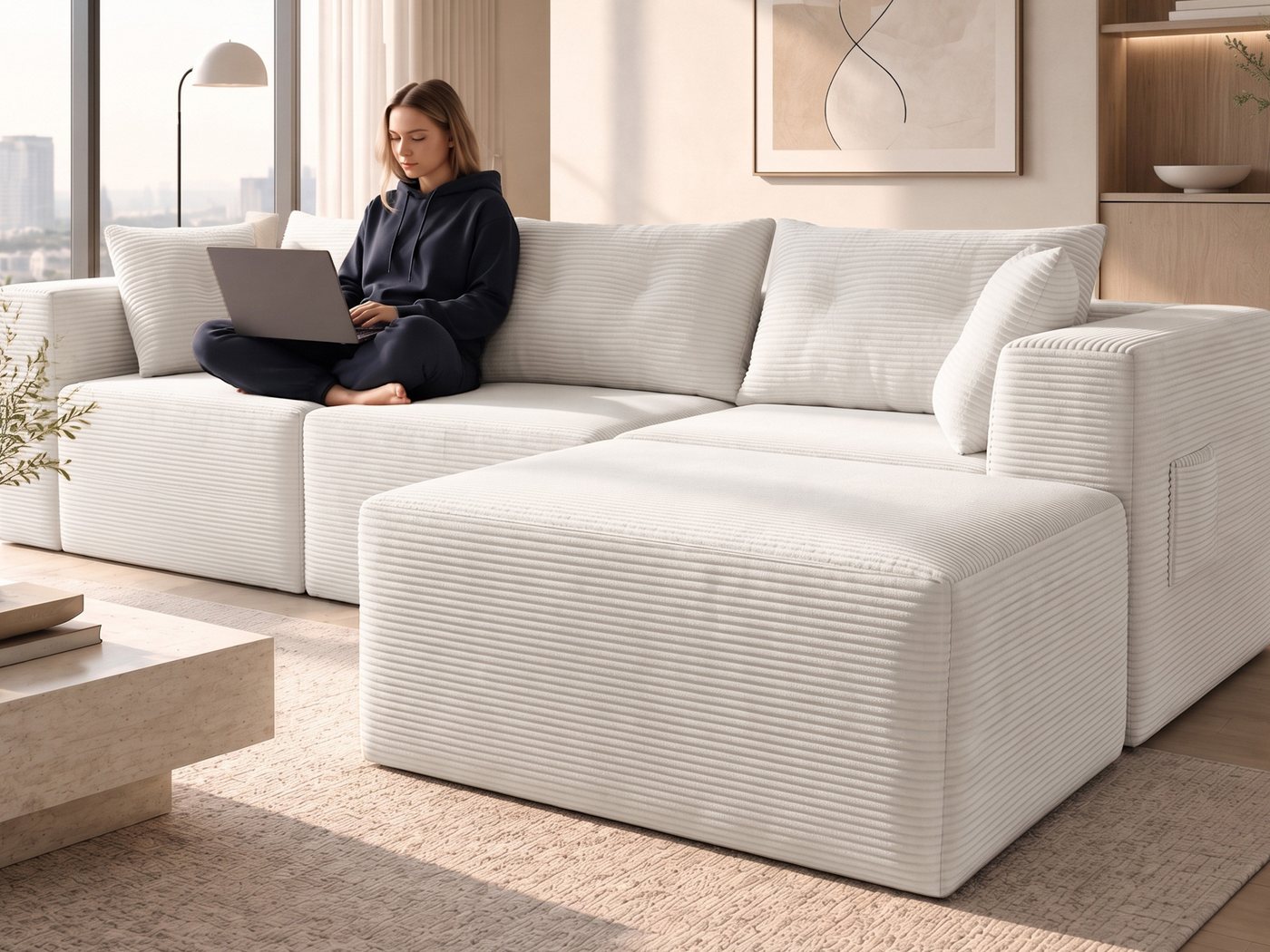 GLP Sofa Ecksofa aus Cord mit Taschenfederkern, 254 cm, 70 cm Sitztiefe, 3-Sitzer mit Hocker und 5 Kissen, 4 flexibel kombinierbare Module, kein Aufbau erforderlich, kompakt für Wohnzimmer, Schlafzimmer