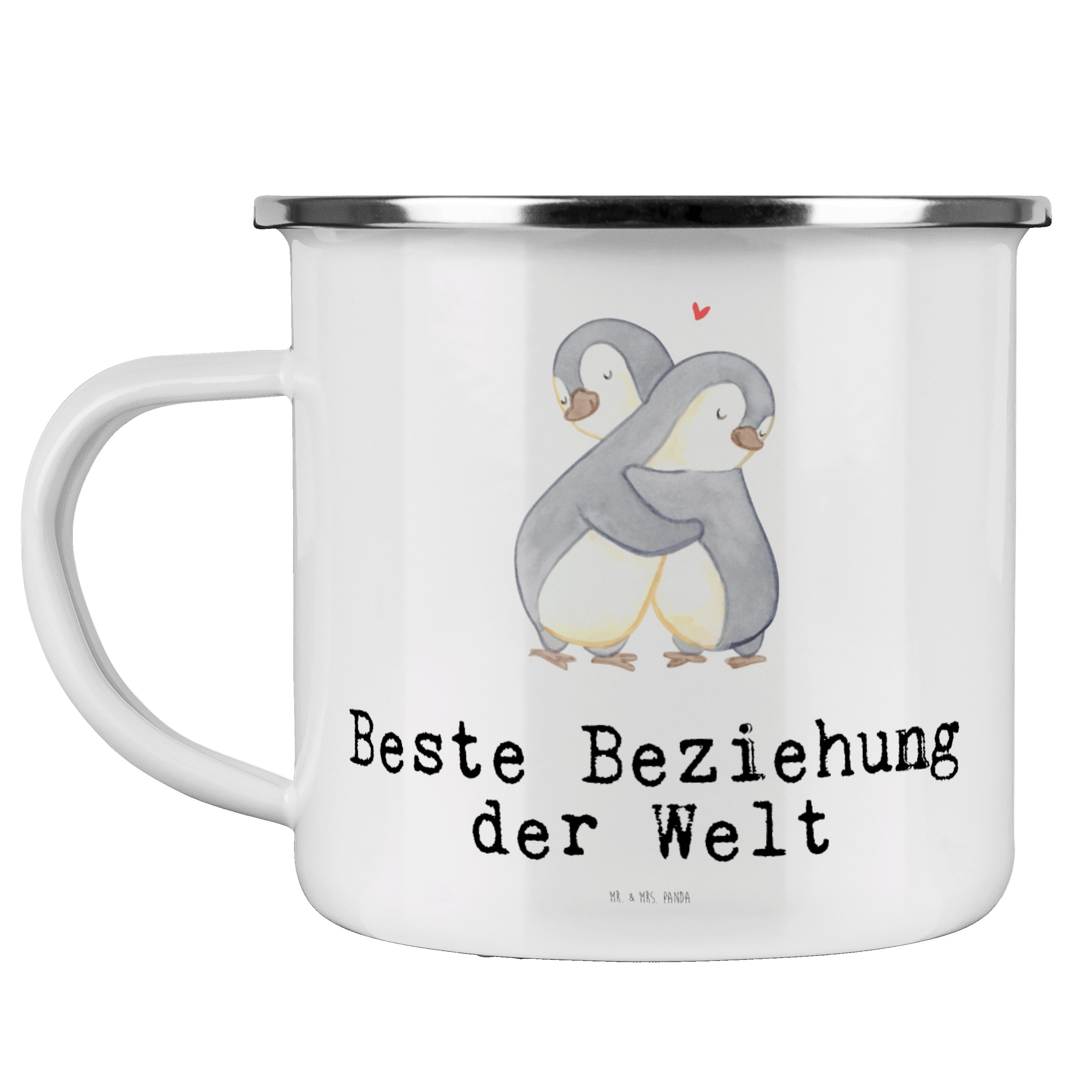 Mr. & Mrs. Panda Becher Pinguin Beste Beziehung der Welt - Weiß - Geschenk, Emaille Campingbe, Emaille