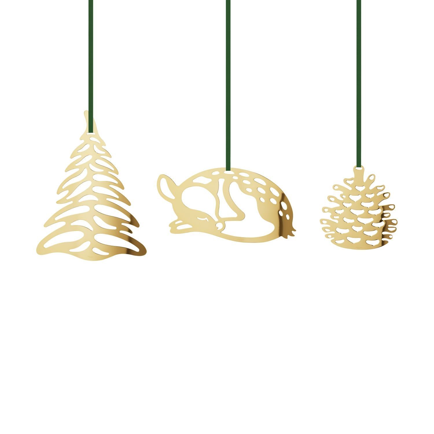 Georg Jensen Christbaumschmuck Große Weihnachtsornamente Reh, Baum & Zapfen Goldauflage (3-tlg)