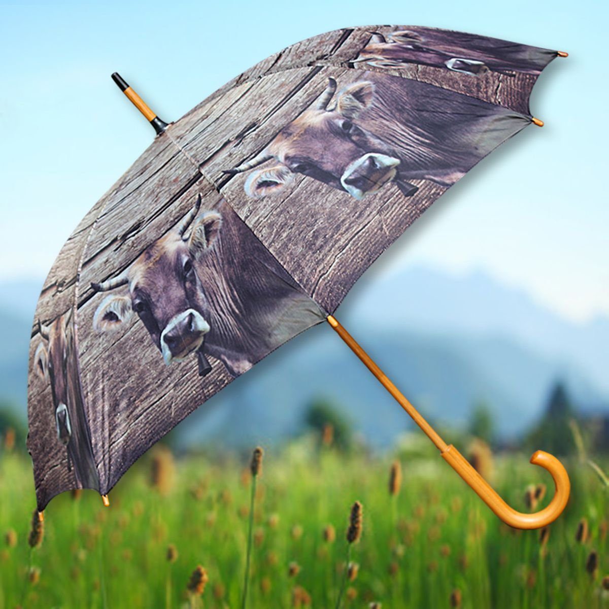 Mars & More Regenschirm Mit Schaf-Muster - 105cm Holzschirm Aus Eukalyptus