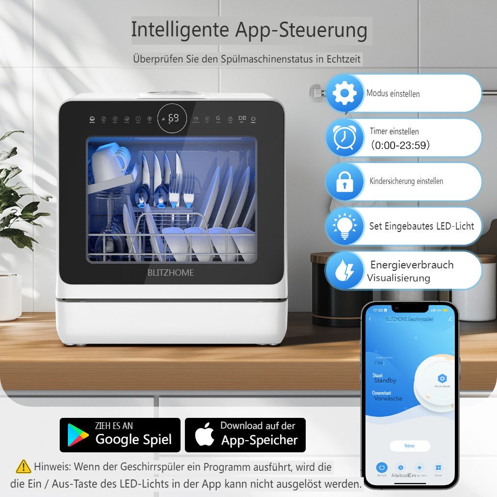 BLiTZWOLF Tischgeschirrspüler 950W Mini Tischspülmaschine Geschirrspüler BH-4-CDW, mit 5L Wassertank und 8 Spülprogramme, APP-Steuerung, Kindersicherung