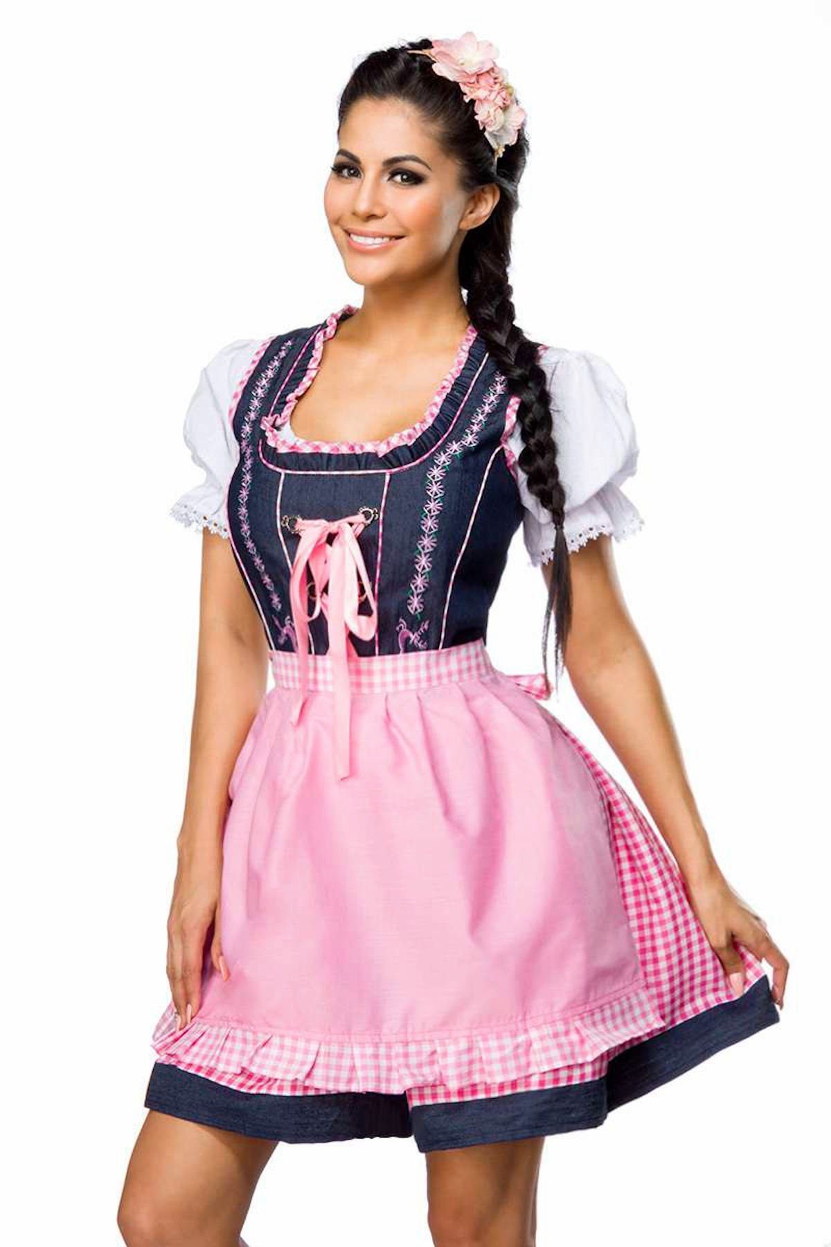 ohne Label Dirndl »3-tlg. Trachten Set: hübsches Jeans-Dirndl mit Bluse und  Schürze, Baumwolle, in gelb/weiß/schwarz oder pink/weiß/schwarz« online  kaufen | OTTO