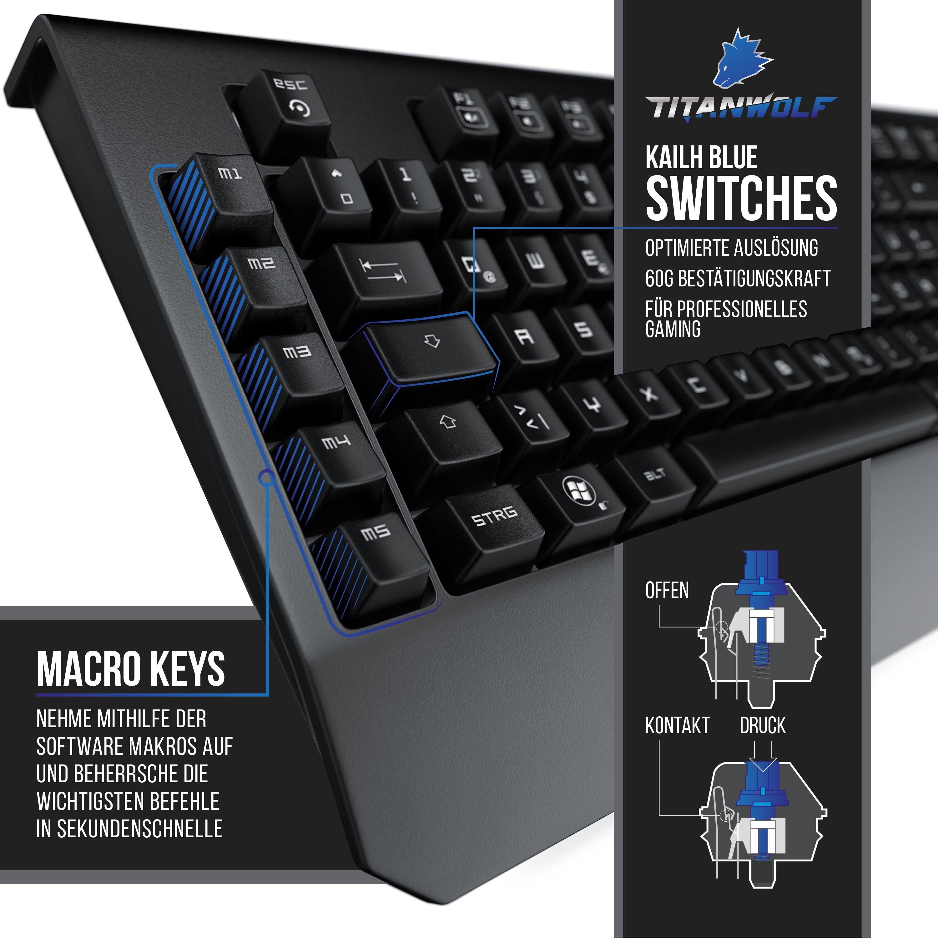 (mechanisch, "Enforcer" QWERTZ Switches) Kailh Titanwolf / Beleuchtung Gaming-Tastatur LED Blue /