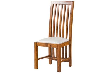Massivmoebel24 Holzstuhl OXFORD (Extravaganter Stuhl, mit luftiger Rückenlehne die bis zum Boden reicht, inklusive Polsterung, braun lackiert 43x50x109 Akazie montiert), hochwertiges Edelholz, authentische Holzadern, aufwendige Schnitzereien und Verzierungen