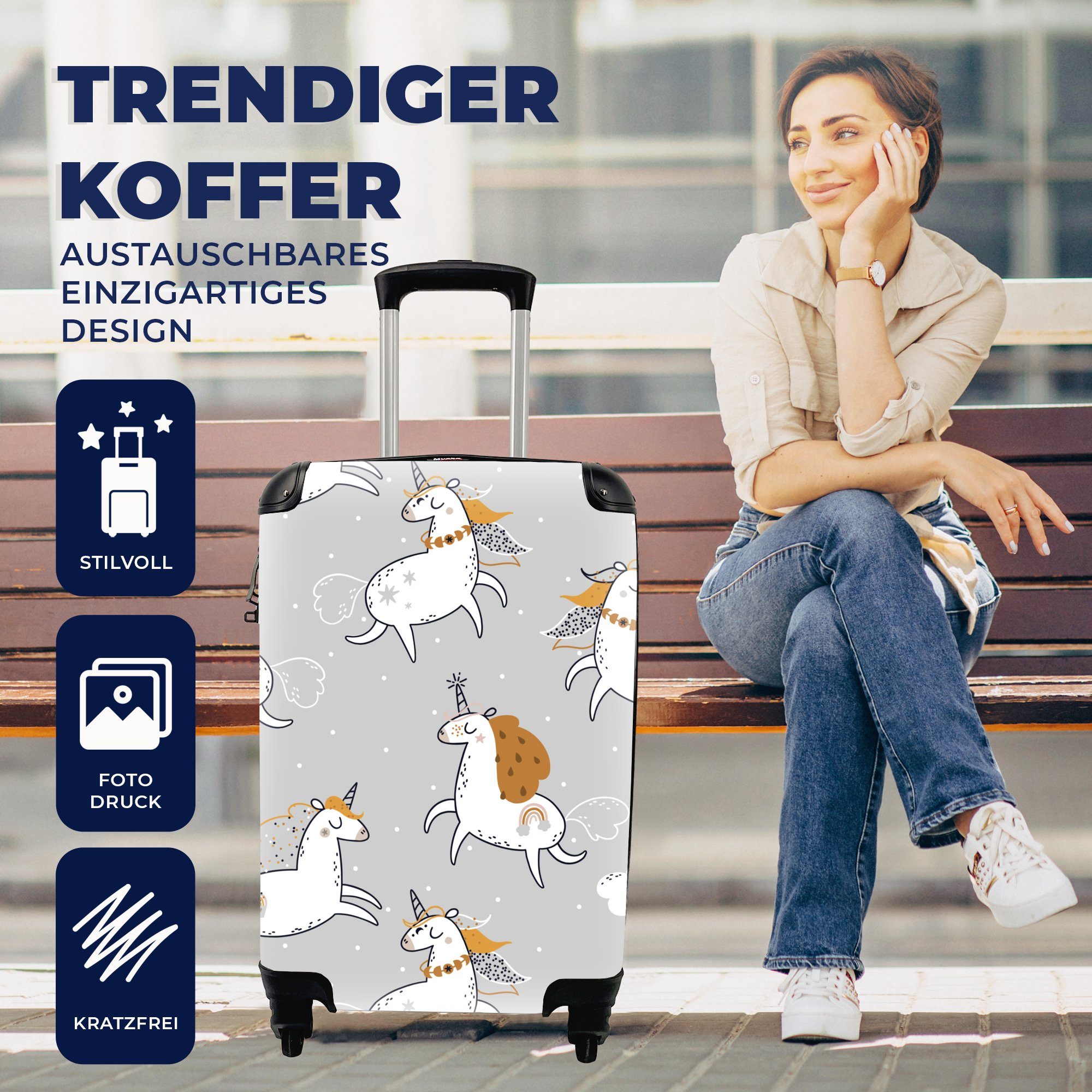 für Ferien, MuchoWow - Design Handgepäckkoffer rollen, 4 Reisekoffer Handgepäck Rollen, Trolley, mit Reisetasche Einhorn - Flieder,