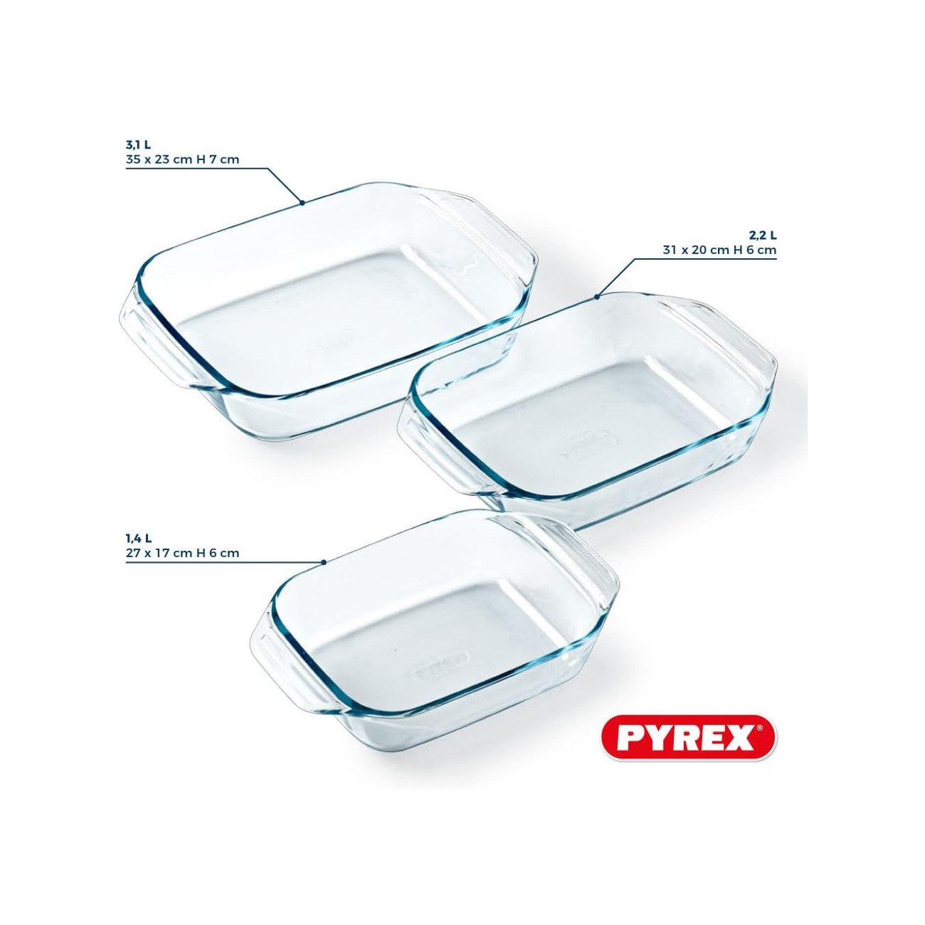 PYREX Auflaufform Let's Share Auflaufformen-Set rechteckig, 1,4/2/3 l, Borosilikatglas, (3-St), Made in France, stapelbar, hitzebeständig