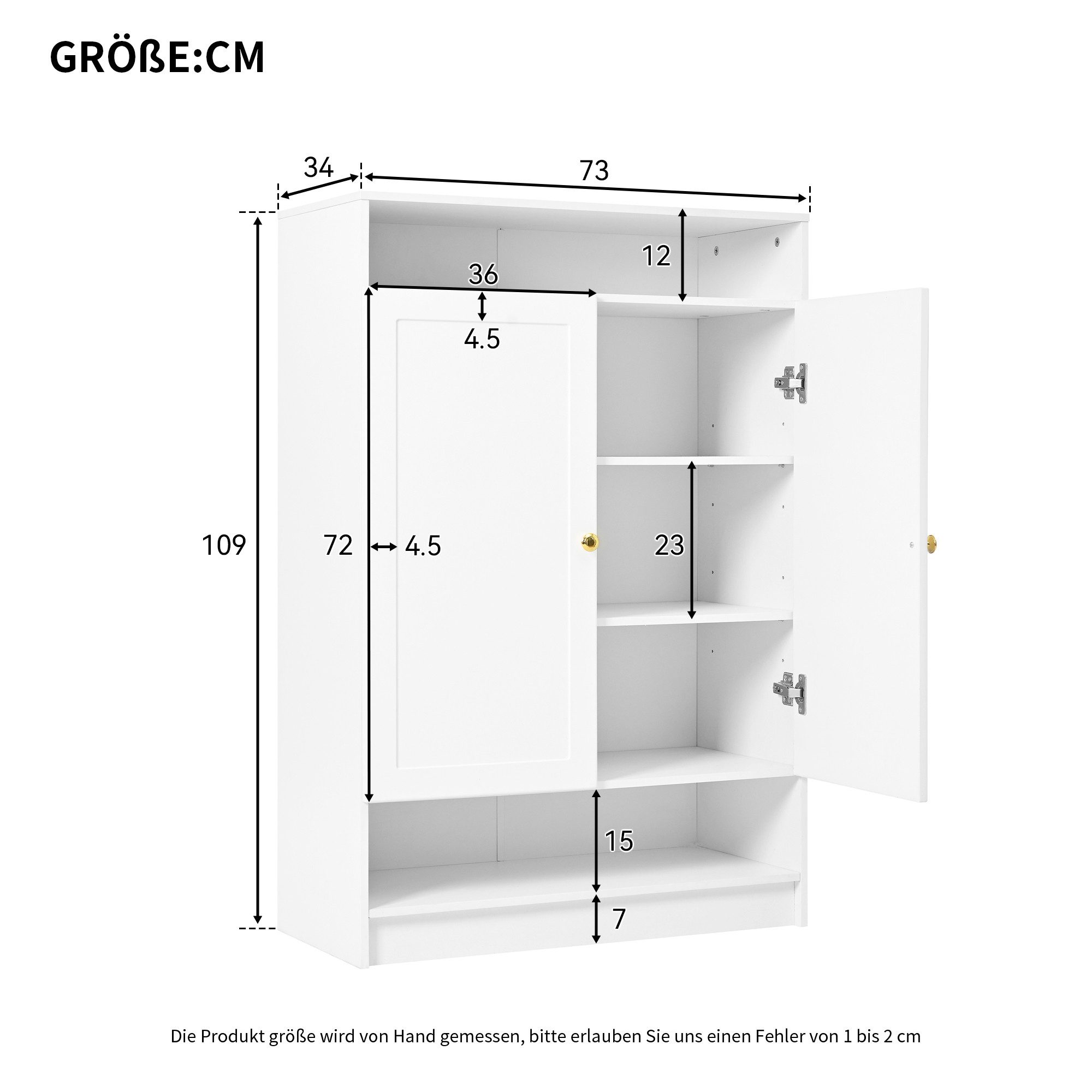 Flieks Schuhschrank mit 2 Türen (1-St., B73/D34/H109 cm) Schuhkommode mit verstellbaren Regalen Schuhregal Weiß, 5 Fächern – Bild 4 von 5