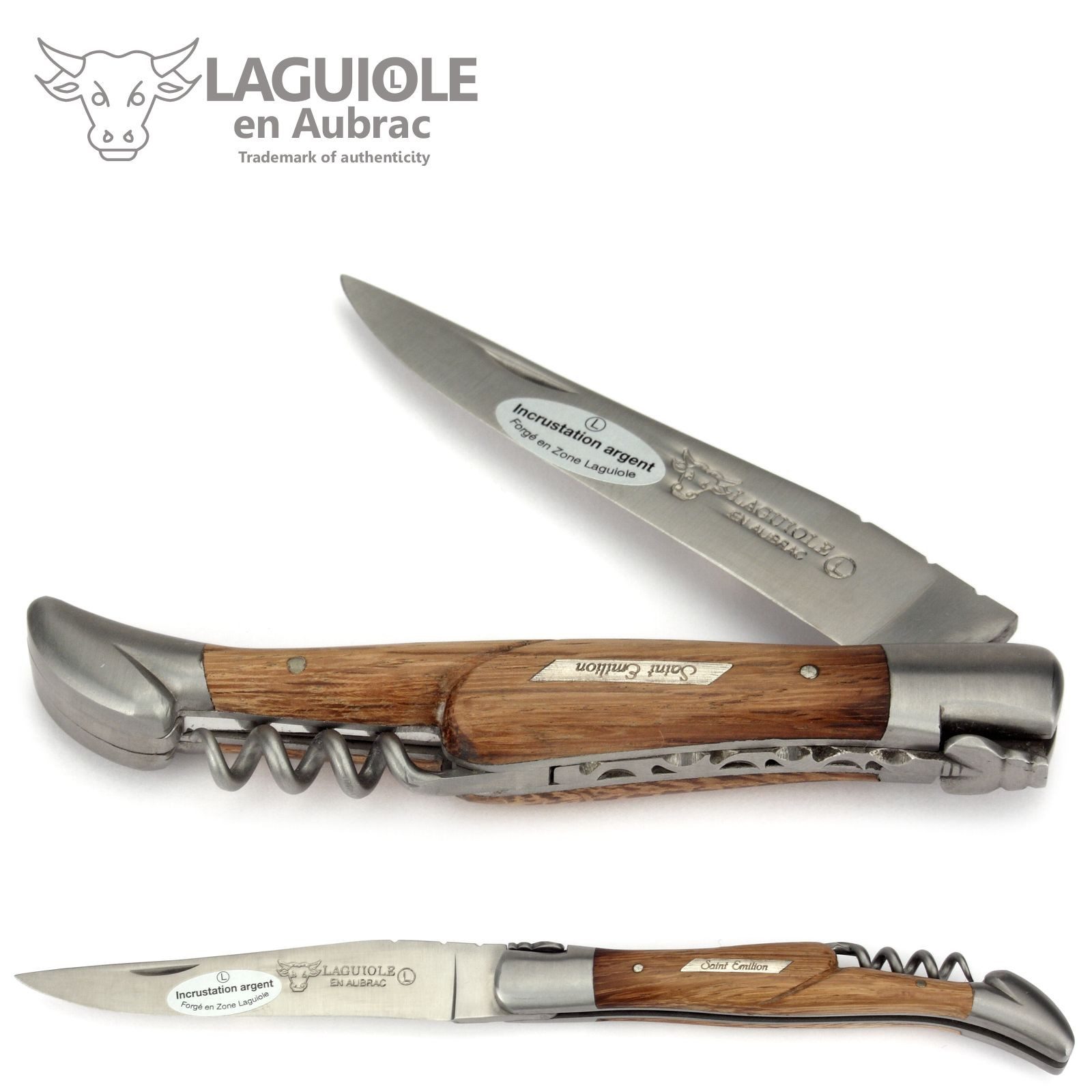 Laguiole en Aubrac Taschenmesser L0312GCIF St. Emilion, Griff 12cm Fasseiche - Silberplakette - Korkenzieher - Stahl matt
