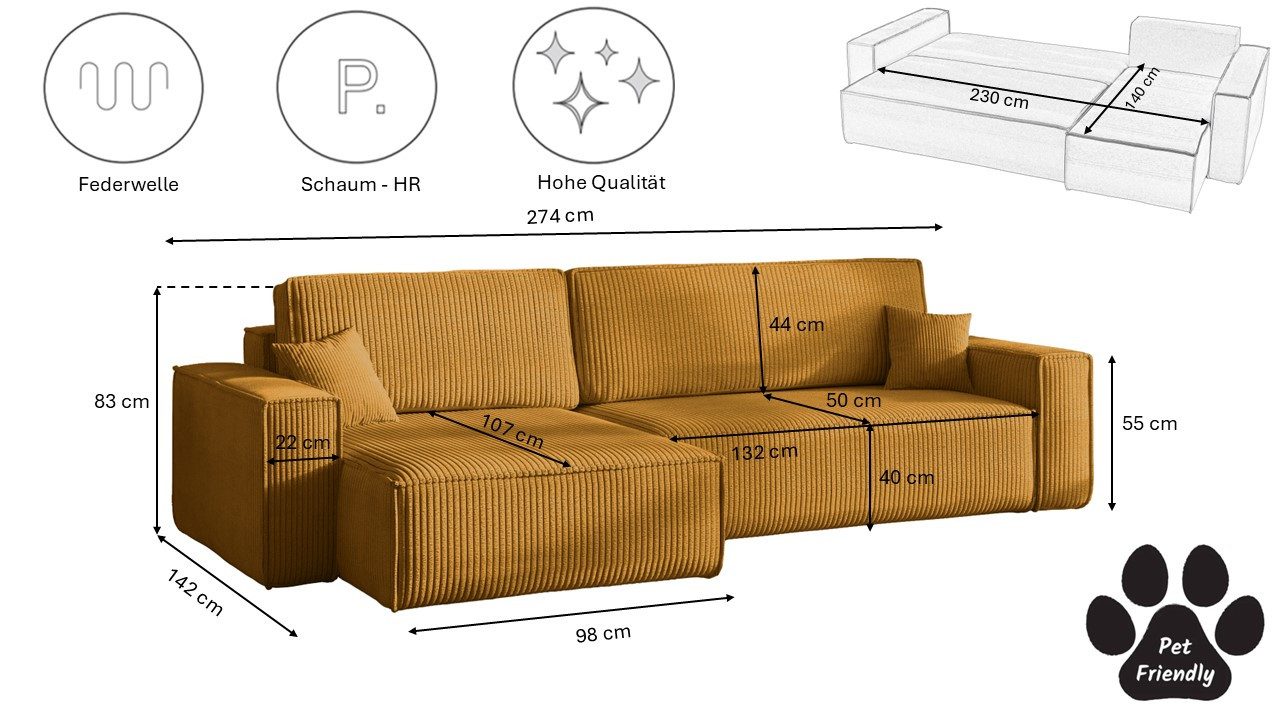 Kaiser Möbel Ecksofa mit schlaffunktion und bettkasten, BEST XL stoff Poso, Quelle, Verita, Mit Bettfunktion und Bettzeugfach
