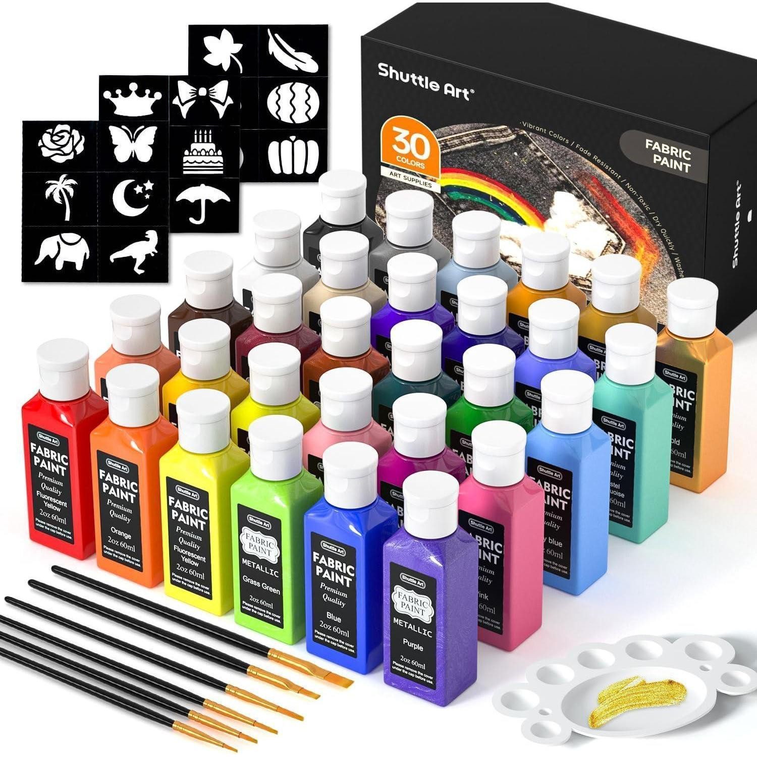 LuxusKollektion Textilmarker 30 Textilfarben Set 60ml inkl. Pinseln & Vorlagen, waschmaschinenfest