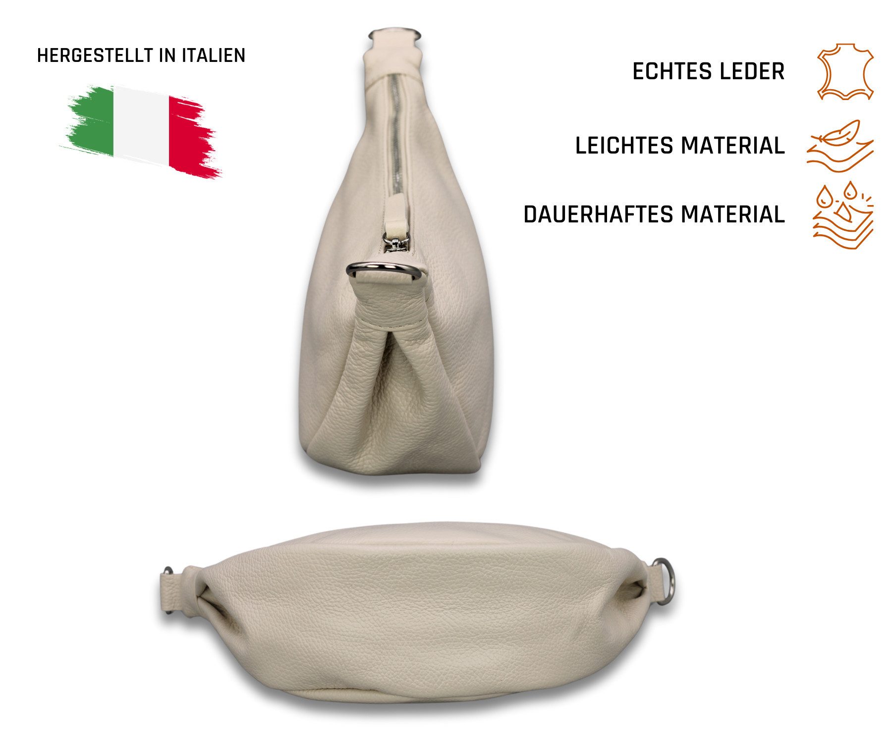 Adel Bags Schultertasche DIANA Halbmond Tasche Leder, Umhängetasche für Damen, Gürteltaschen, echt Leder, Made in Italy