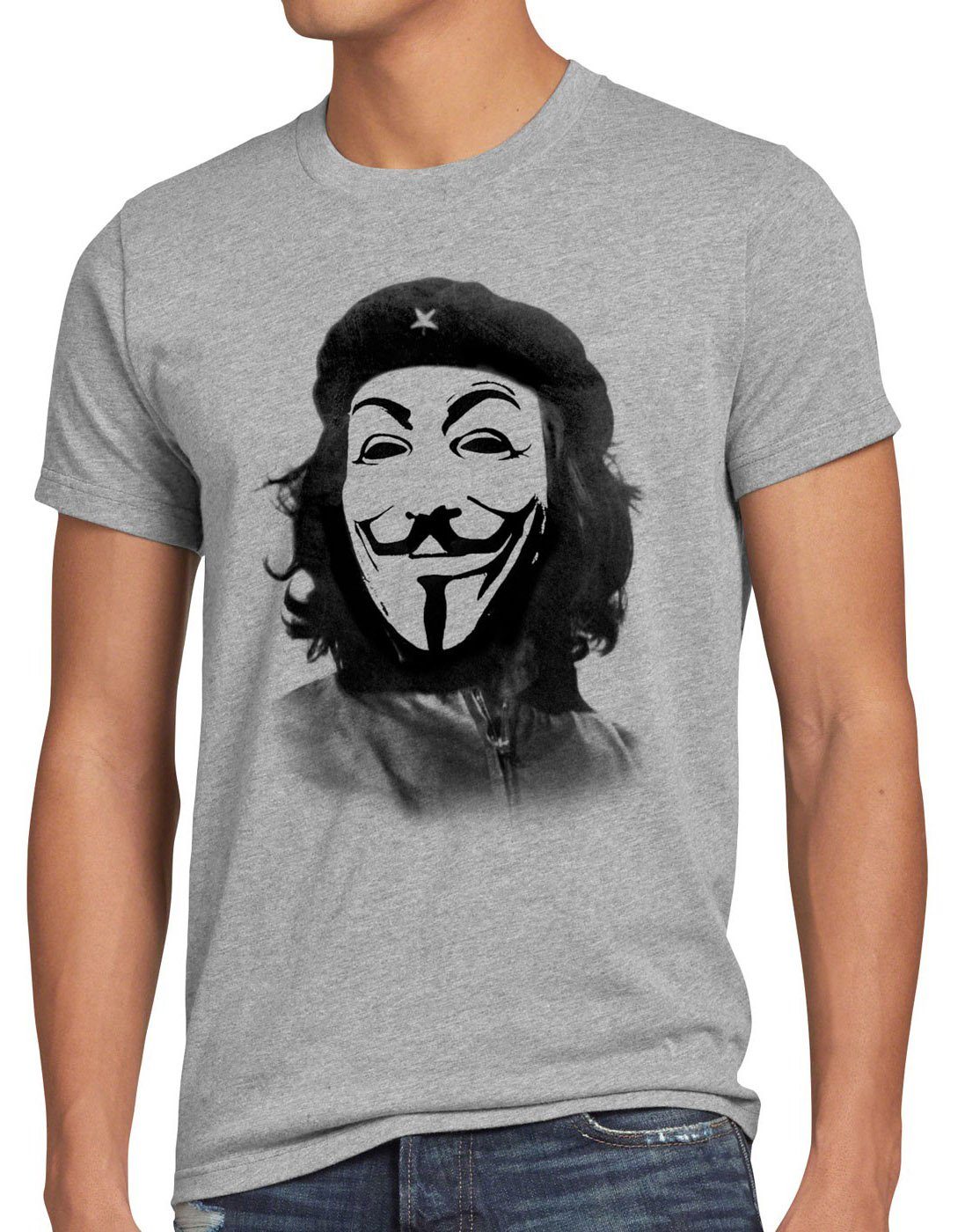 style3 Print-Shirt Herren T-Shirt Anonymous Che Guevara guy fawkes occupy maske guy fawkes hacker g8 kuba grau meliert