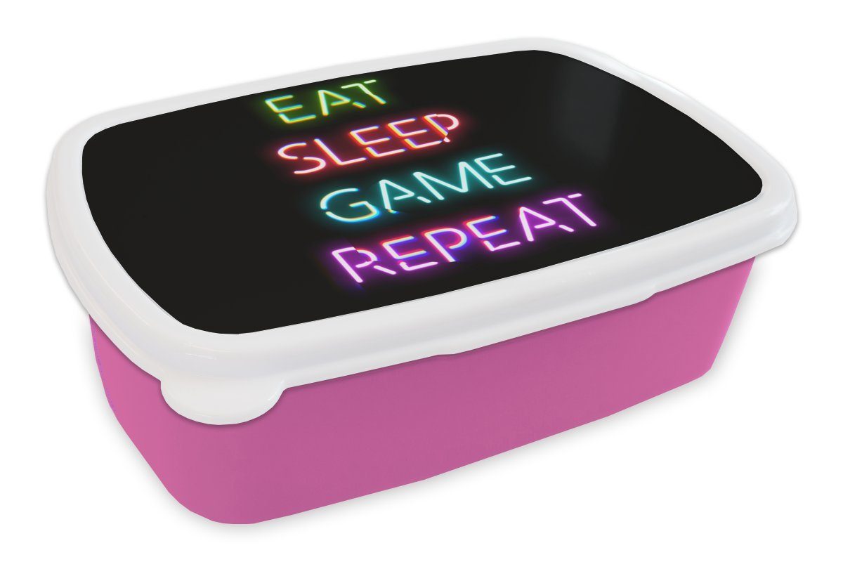 MuchoWow Lunchbox Gaming - Led - Zitat - Eat sleep game repeat - Gaming, Kunststoff, (2-tlg), Brotbox für Erwachsene, Brotdose Kinder, Snackbox, Mädchen, Kunststoff rosa