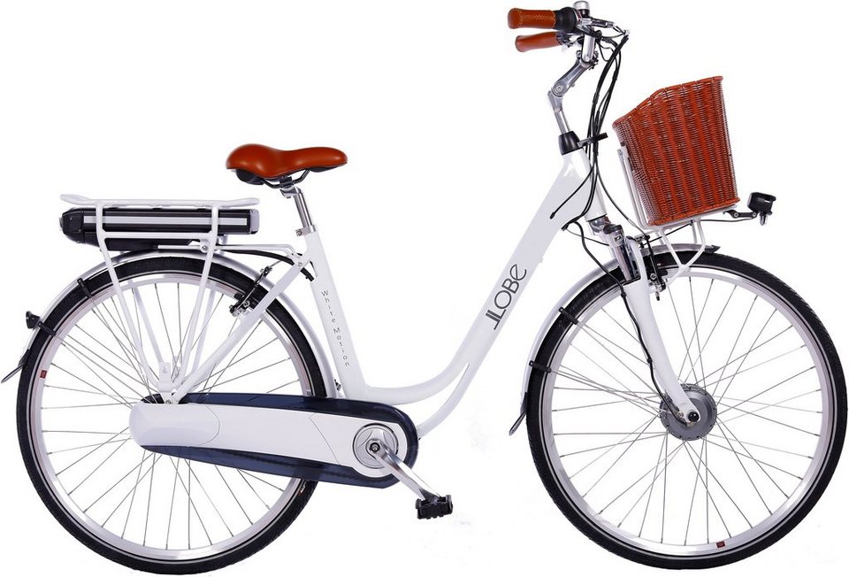 LLobe E-Bike »White Motion 2.0, 10,4Ah«, 7 Gang Shimano, Nabenschaltung, Frontmotor 250 W, (mit Fahrradkorb)