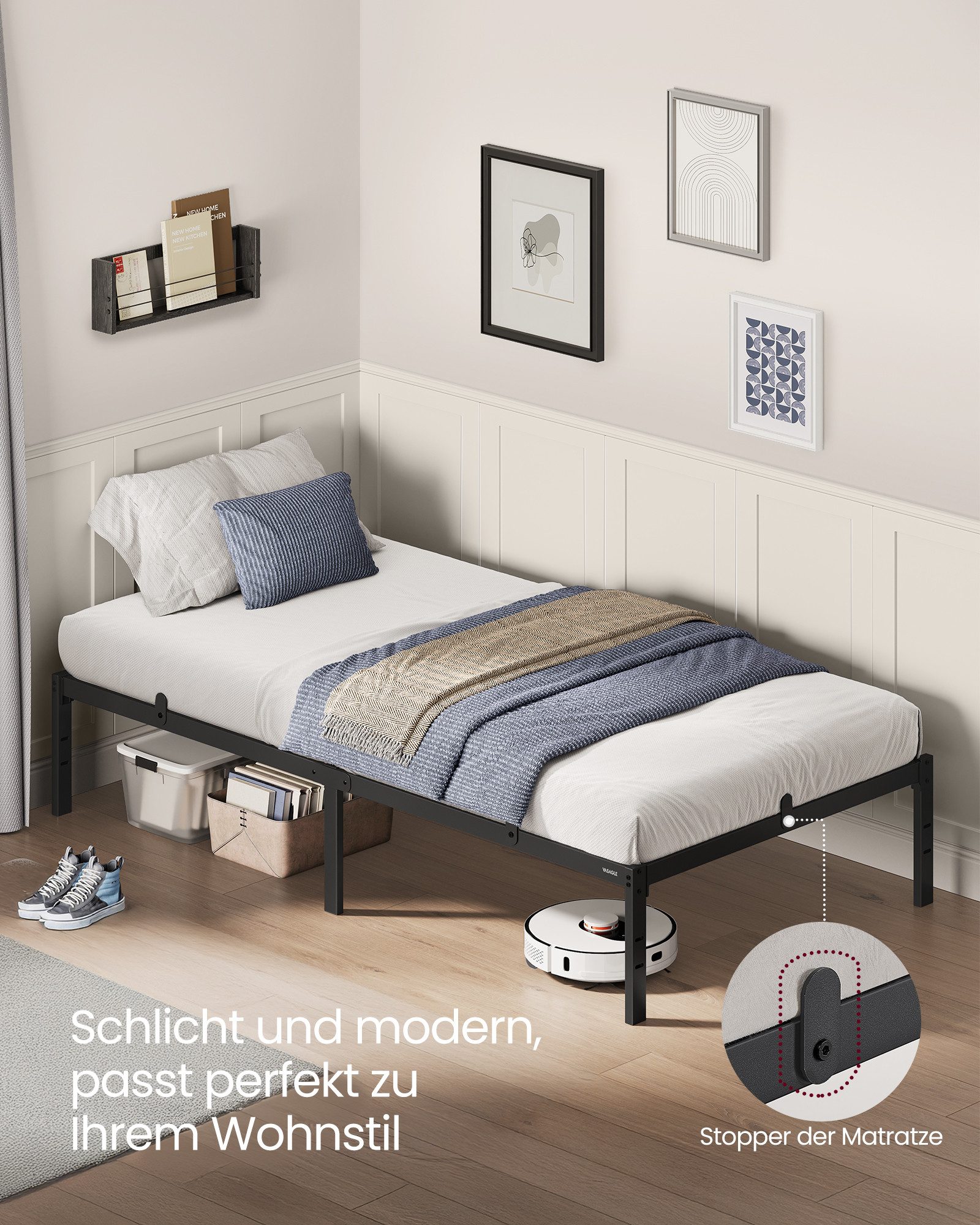 VASAGLE Bettgestell (90 x 200 cm, geräuscharm), Metallbett, Bettrahmen, hoc günstig online kaufen