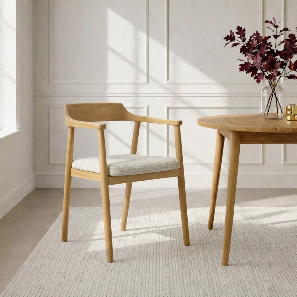 Woodek Design Esszimmerstuhl BERGEN, Skandinavisches Design (beiger Stoff CLOUD 119 natural, 1 St), Sessel aus massivem Eichenholz mit gepolsterter Sitzfläche