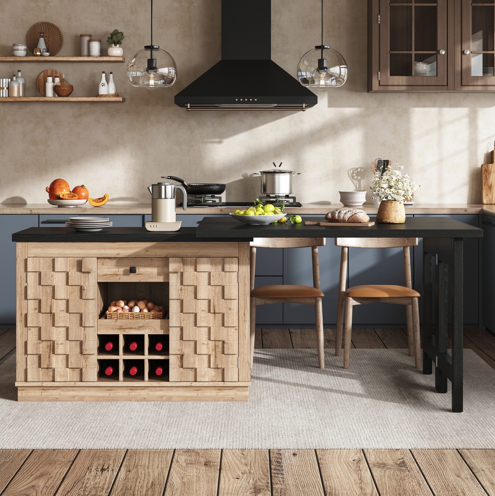 OKWISH Kücheninsel Küchenschrank 360° drehbar 120–197cm mit Schubladen, (Aufbewahrungsschrank mit flexiblem Stauraum für Küche Zuhause), Küchenbuffet mit Patchwork Türen und herausnehmbarem Weinregal