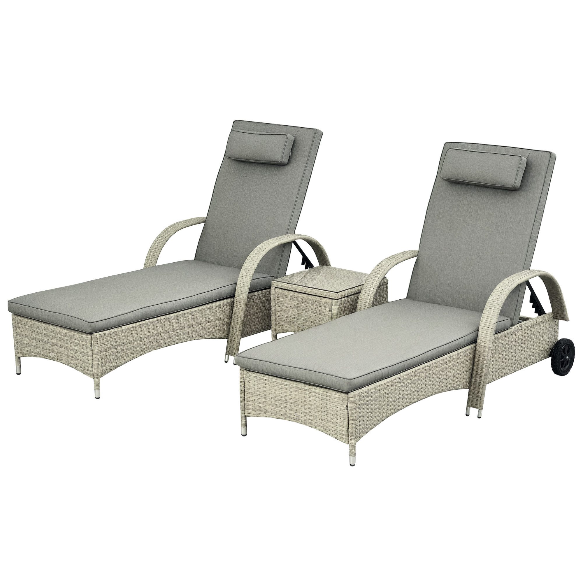 Outsunny Gartenlounge-Set 3er-Set, mit Rolle, (Liege, 3-tlg., Sonnenliege), für Garten, Balkon, Grau
