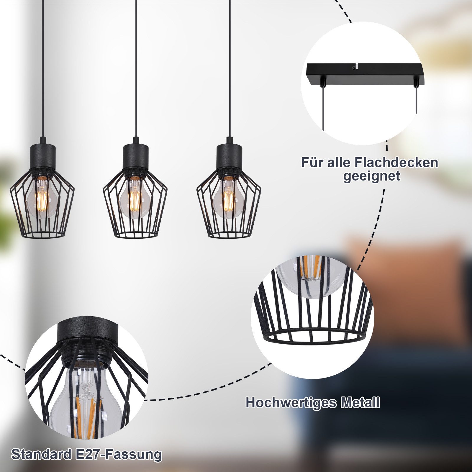 Nettlife Pendelleuchte Retro Schwarz Esstisch E27 Metallschirm Industrie Stil Hängelampe, ohne Leuchtmittel, Wohnzimmer Küche Schlafzimmer Cafe