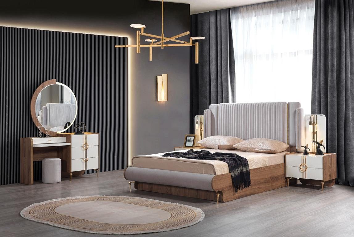 (4-St) Spiegel JVmoebel Bett Design Schlafzimmer Set Schlafzimmer-Set Kommodemit Luxus, Nachttisch 2x