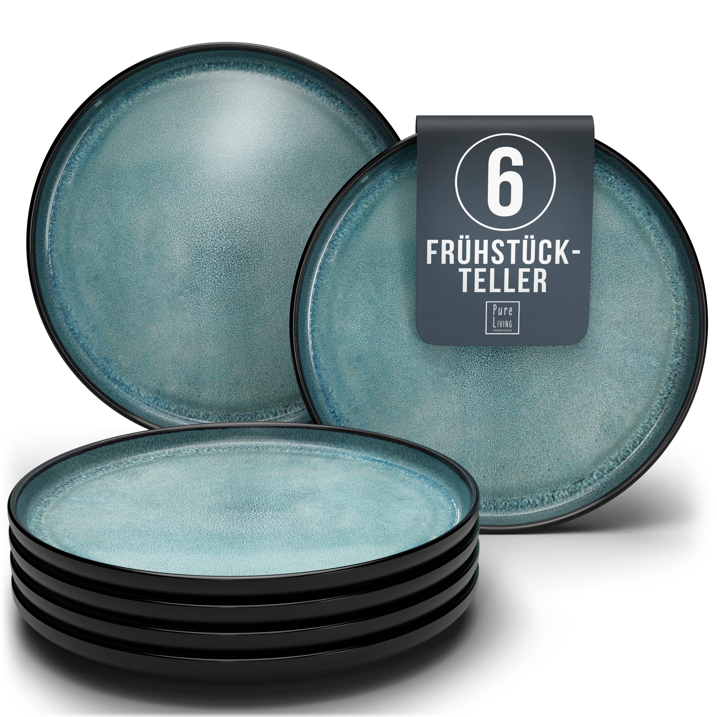 PURE LIVING INTERIOR DESIGN Geschirr-Set Ibiza Dessertteller, Frühstückteller, 6er-Set, 20 cm, Petrol (6-tlg), 6 Personen, Steingut