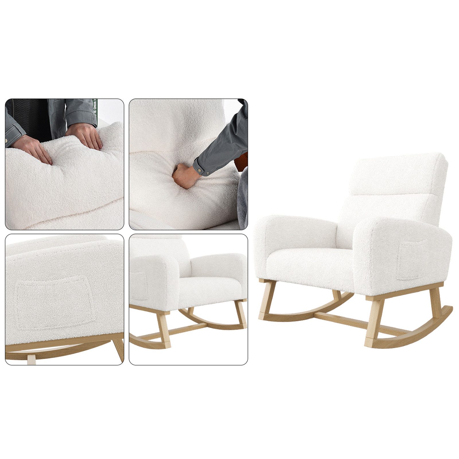 FUROKOY Schaukelsessel Schaukelstuhl mit Massivholzfüßen, für Schlafzimmer (Set, 1-St), 2 Seitentaschen,Teddystoff,Weiß
