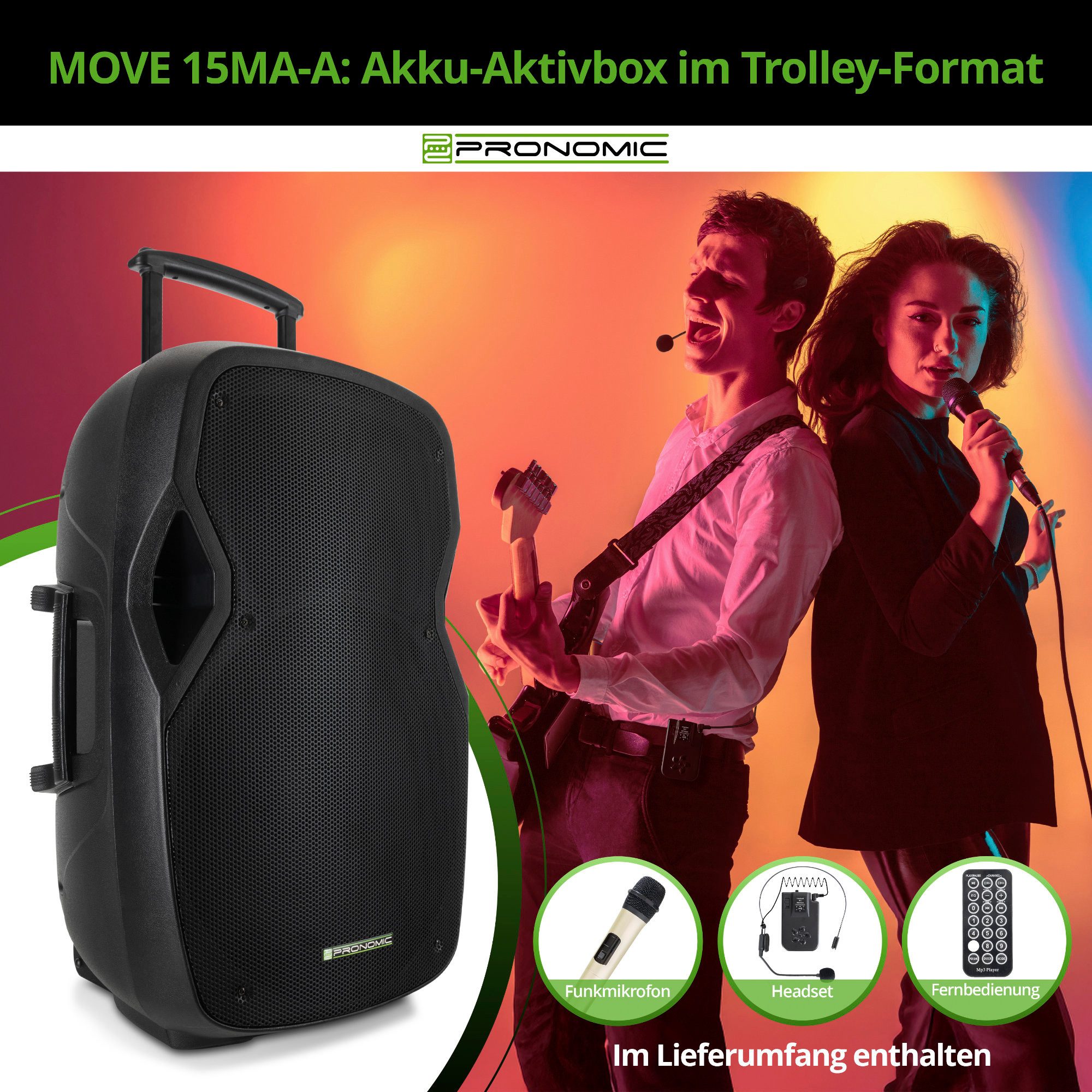 Pronomic MOVE 15MA-A Akku-Aktivbox - Mobile Soundanalage mit 15"-Woofer Lautsprecher (Bluetooth-Schnittstelle, 30 W, TWS Funktion inkl. Funkmikrofon & Headset)