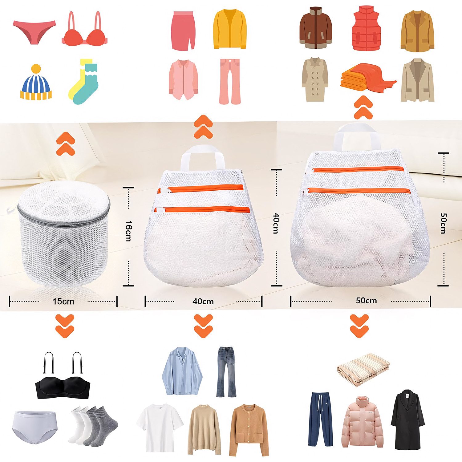 HEYHIPPO Wäschesack 3er Set Wäschesack mit Reißverschluss – doppellagig, für BH, Socken (Set, Wäscheschutzbeutel – Größen S/M/L, doppellagig, für Schonwäsche, w – Bild 4 von 5