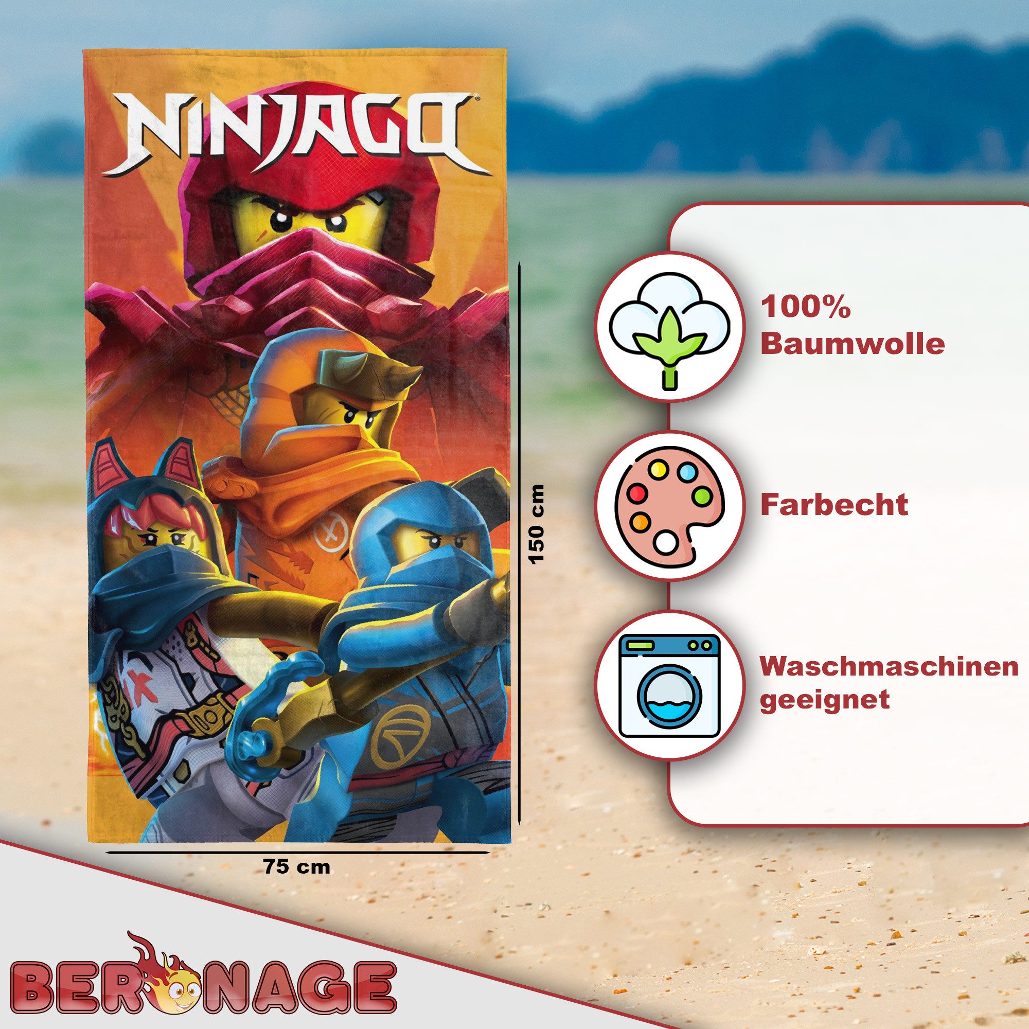 BERONAGE Strandtuch LEGO Ninjago Badetuch Ninjaverse 75x150 cm Strandtuch, Baumwolle (1-St), Frottee in Velours-Qualität – Bild 2 von 5