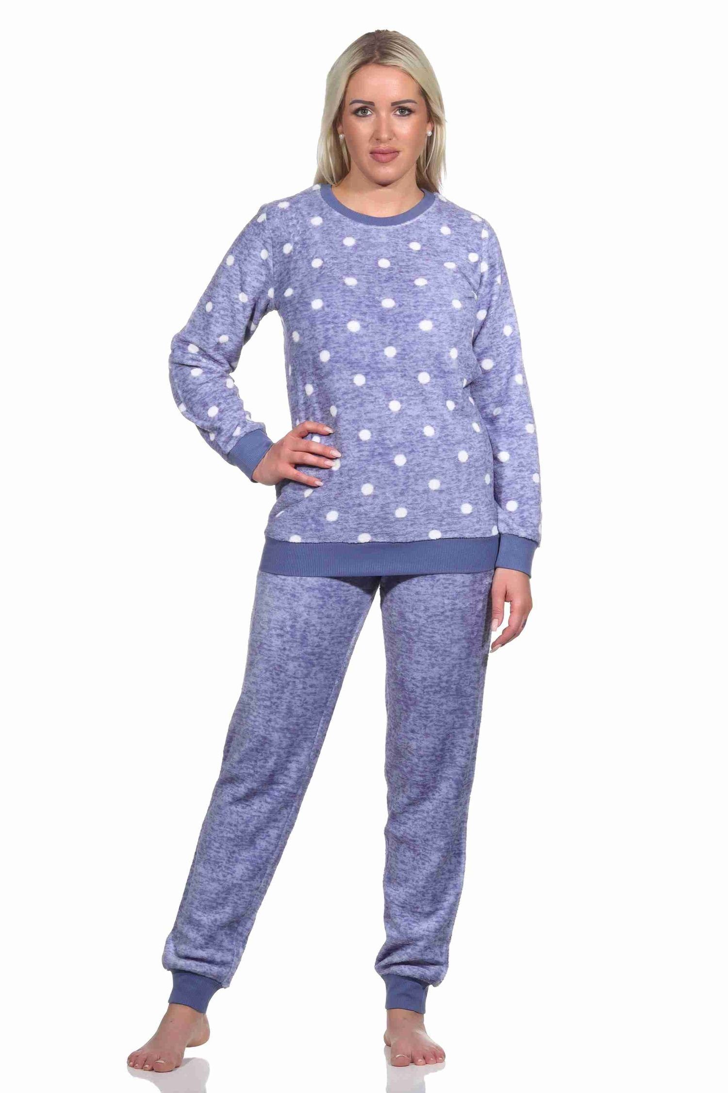 Normann Pyjama Kuschelig warmer Damen langarm Schlafanzug mit Bündchen Tupfen Optik blau