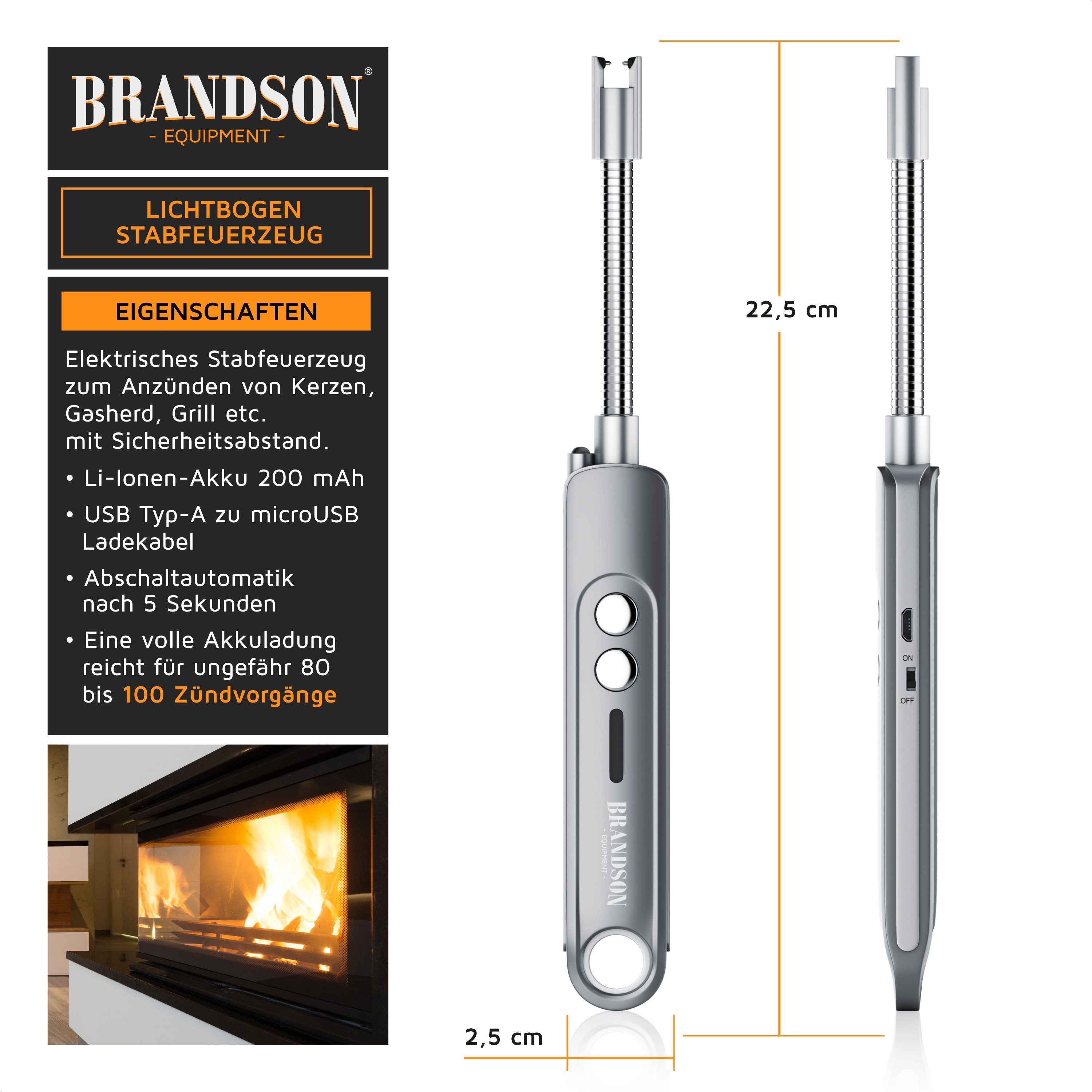 Brandson Feuerzeug elektrisch, Lichtbogen Stabfeuerzeug USB aufladbar (1-St), Kerzenanzünder für Küche, Kerzen, Gasherde, Grill, Kamin