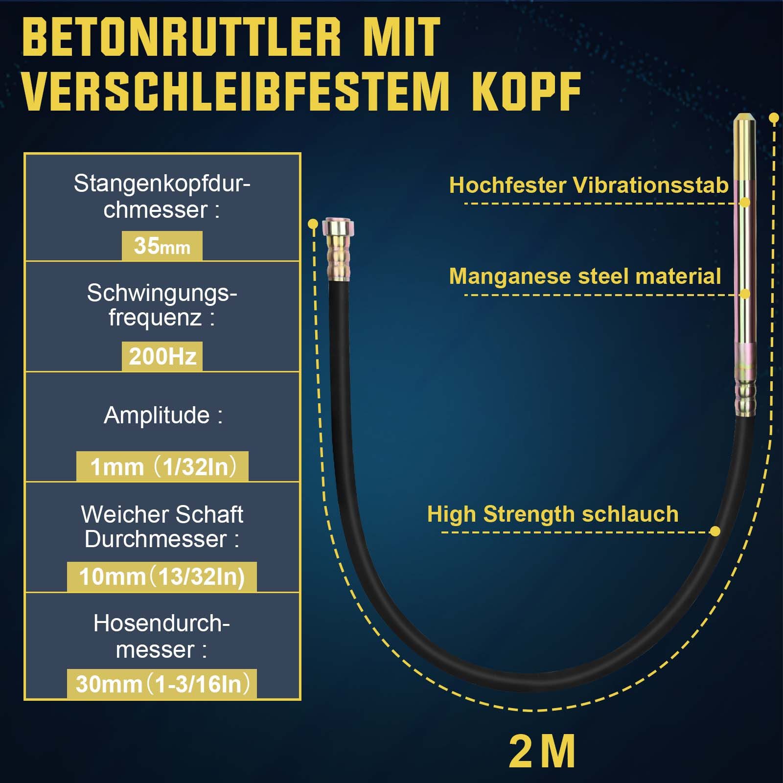 XERSEK Betonmischer 1550W Betonrüttler Innenrüttler 5500RPM Elektrisch Beton Rüttelflasche, mit 2m Betonverdichter, 35 mm Vibrationsflasche