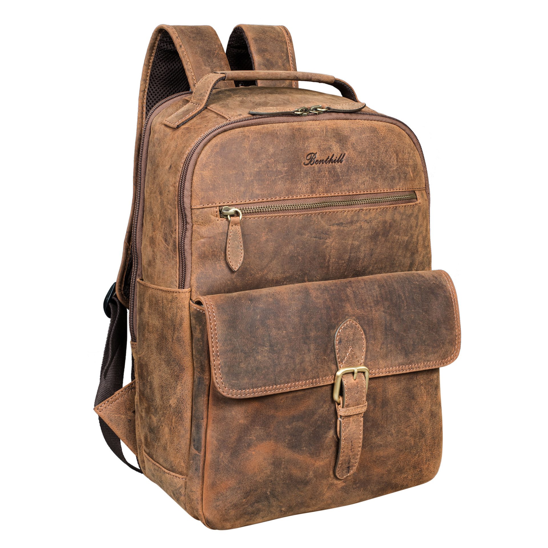 Benthill Rucksack Echt Leder Rucksack Damen Herren Backpack Lederrucksack Reise Bag, Reißverschlussfach